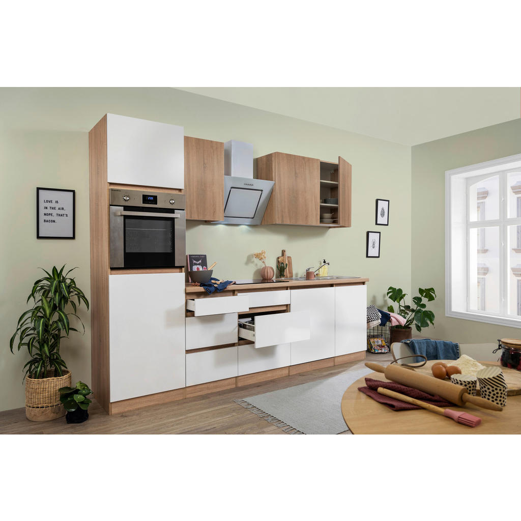 Küchenzeile Premium mit Geräten 280 cm Weiß/Eiche Dekor