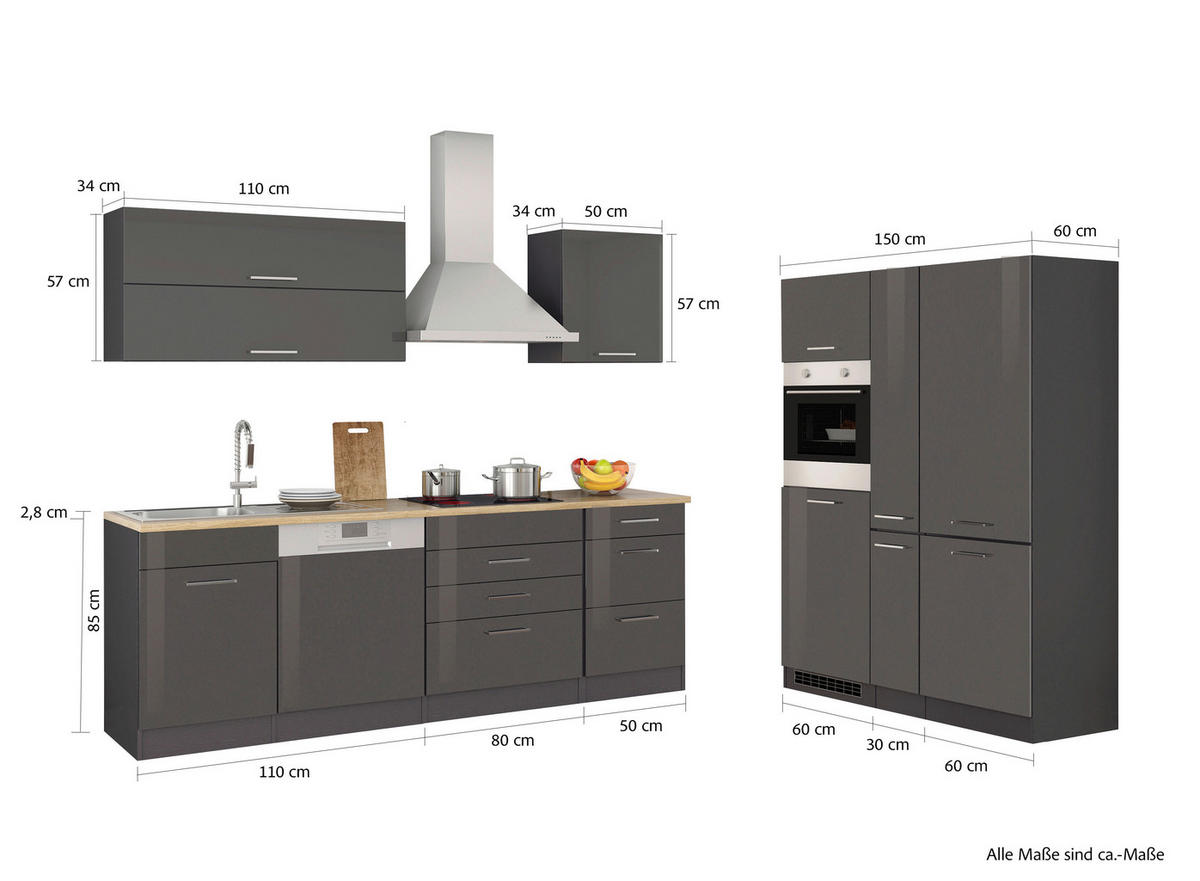 KÜCHENBLOCK 390 cm   in Graphitfarben  - Silberfarben/Graphitfarben, Modern, Holzwerkstoff/Metall (390cm) - Held