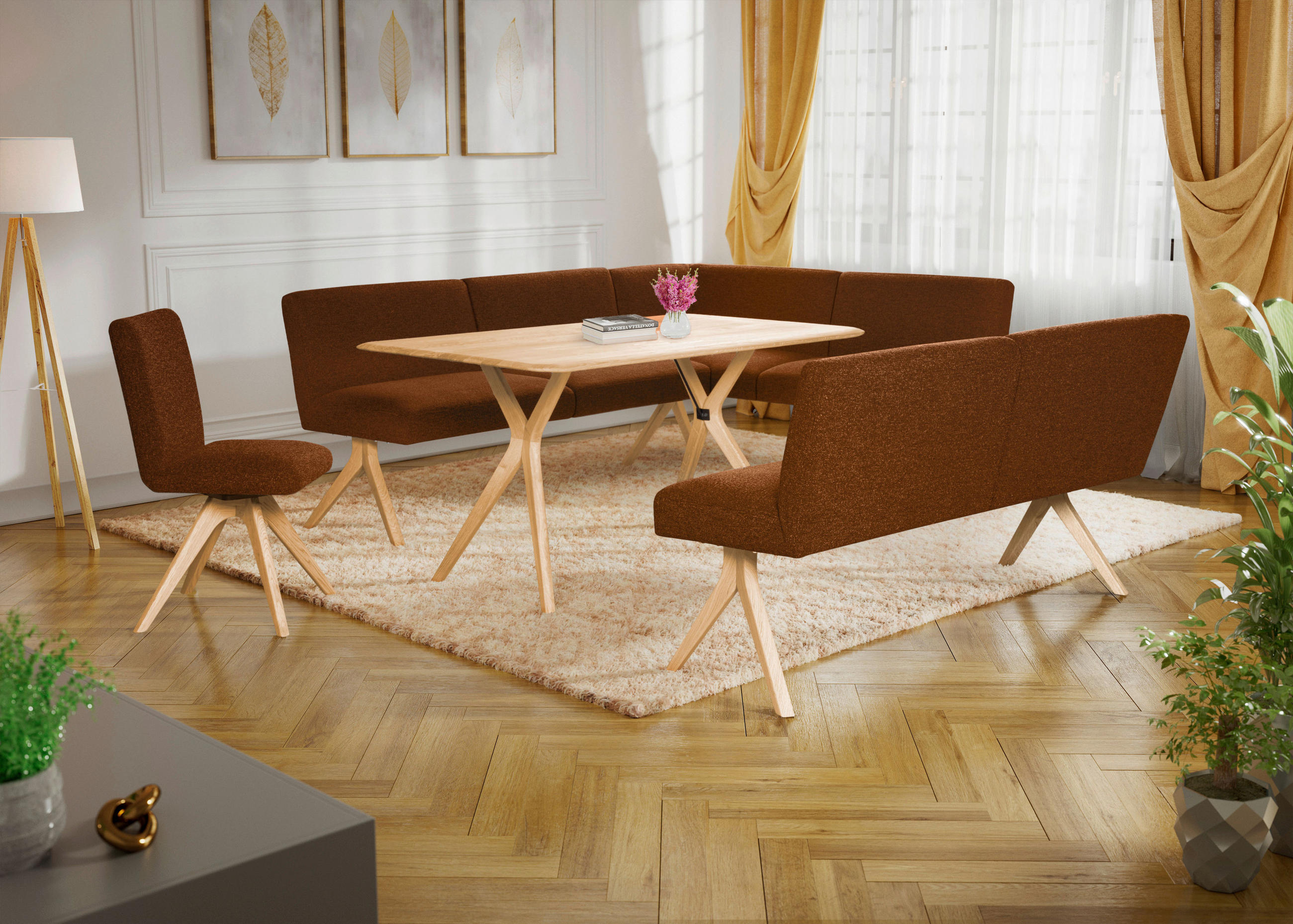 ECKBANK 218/172 cm Webstoff Haselnussfarben Eiche vollmassiv   - Eichefarben/Haselnussfarben, KONVENTIONELL, Holz/Textil (218/172cm) - Linea Natura