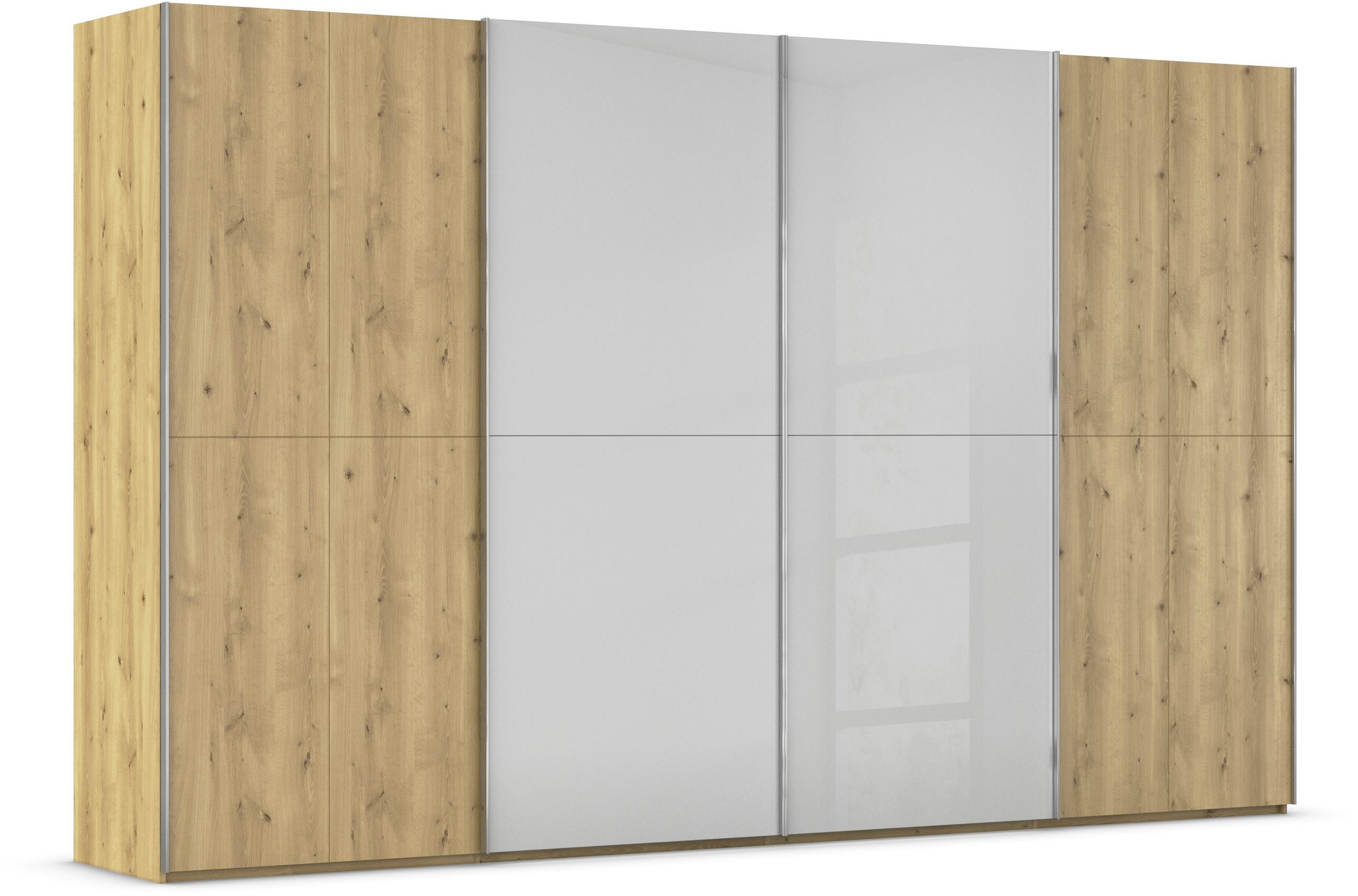 SCHWEBETÜRENSCHRANK 360/223/68 cm 4-türig Eichefarben, Chromfarben, Hellgrau  - Chromfarben/Eichefarben, Design, Glas/Holz (360/223/68cm) - Novel