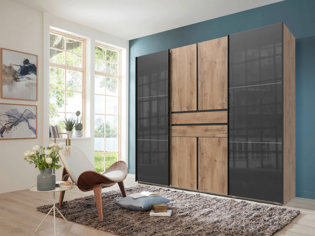 KLEIDERSCHRANK 250/216/65 cm,  in Grau, Plankeneiche, 6-türig  - Plankeneiche/Schwarz, Design, Glas/Holzwerkstoff (250/216/65cm) - Stylife