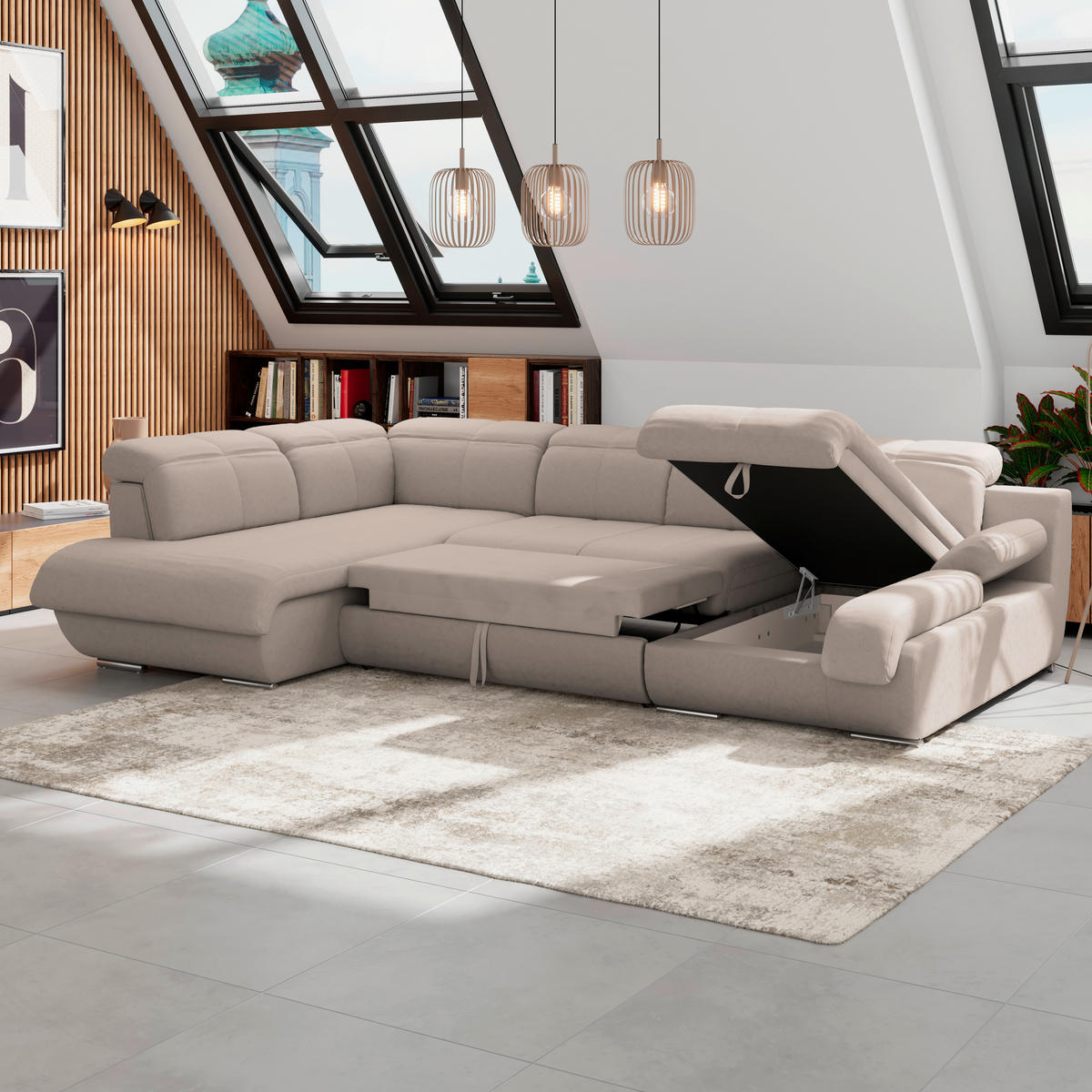 WOHNLANDSCHAFT Beige Mikrofaser  - Chromfarben/Beige, MODERN, Textil/Metall (228/345/184cm) - MID.YOU