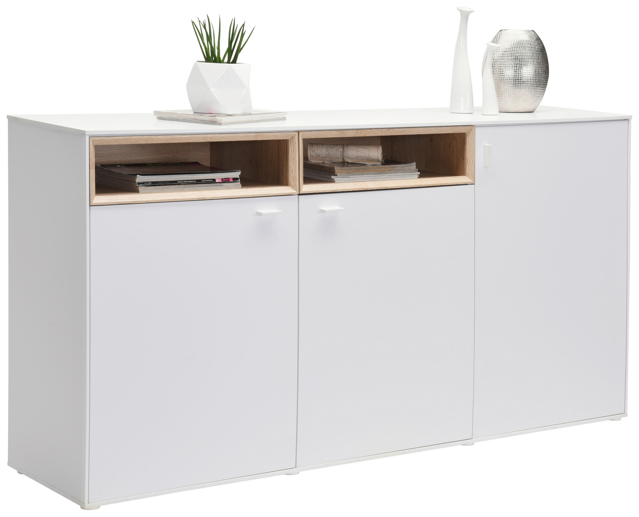 KOMODA, bílá, barvy dubu, 180,4/92,8/43 cm - bílá/barvy stříbra, Design, kompozitní dřevo/plast (180,4/92,8/43cm) - Hom`in