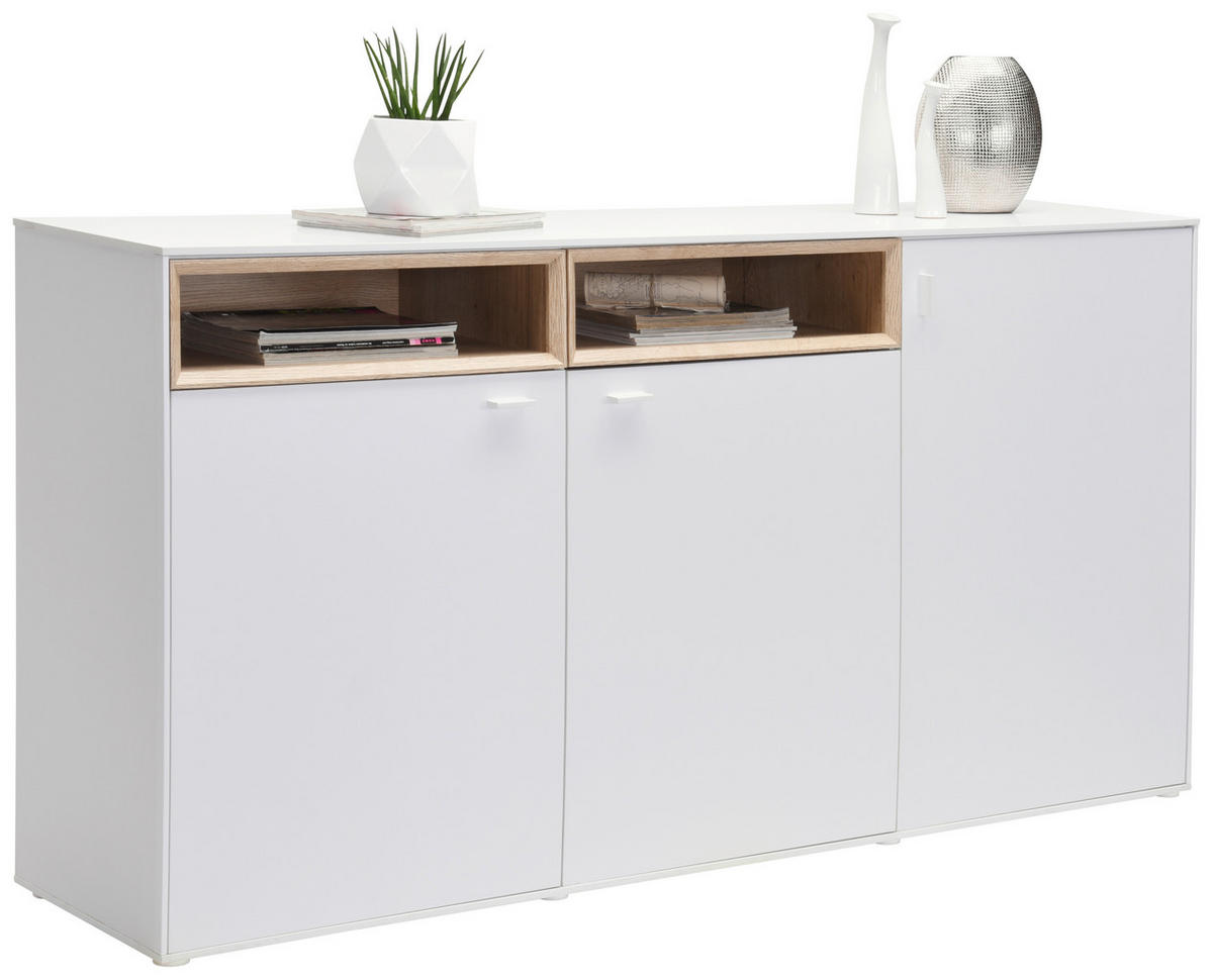 KOMODA, bílá, barvy dubu, 180,4/92,8/43 cm - bílá/barvy stříbra, Design, kompozitní dřevo/plast (180,4/92,8/43cm) - Hom`in