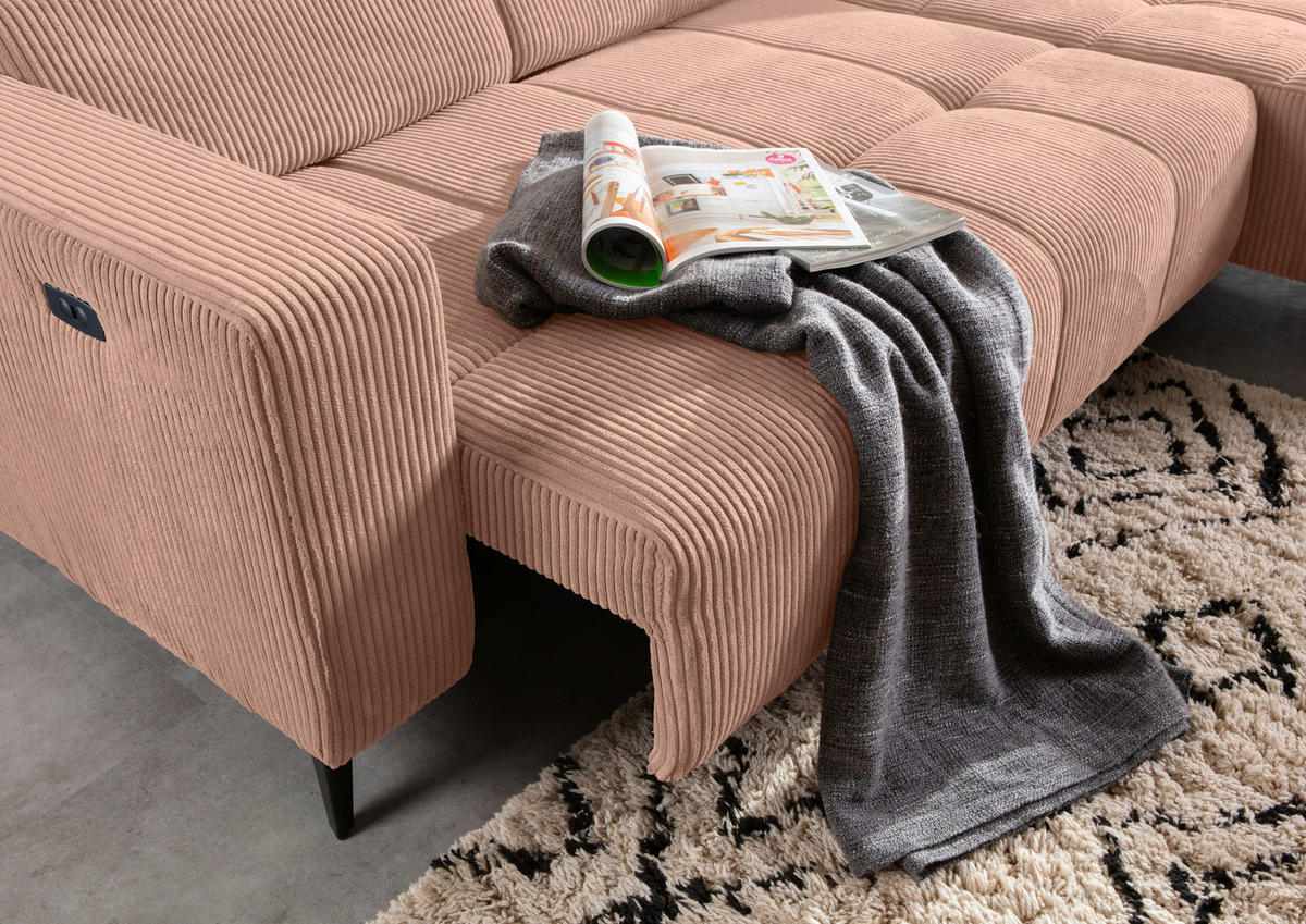 ECKSOFA Altrosa Cord Rücken echt, Kopfteilverstellung, Sitzvorzug  - Schwarz/Altrosa, KONVENTIONELL, Textil/Metall (257/170cm) - Carryhome
