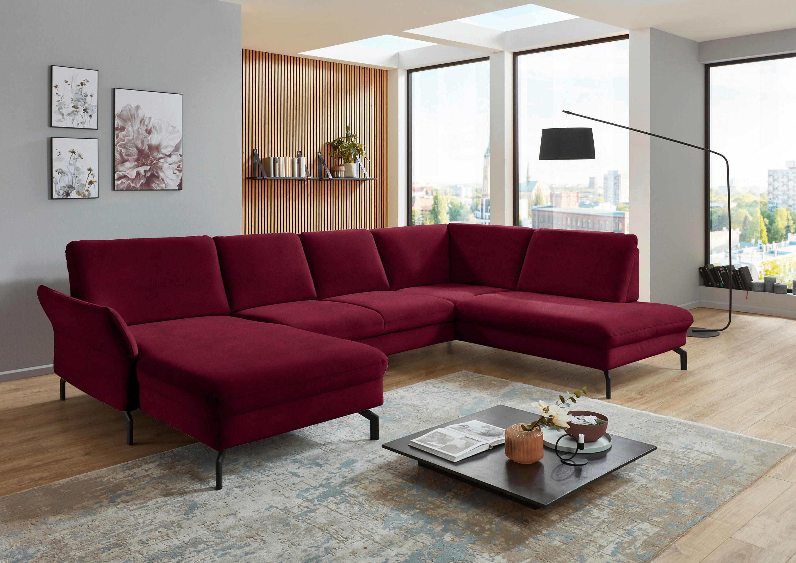 WOHNLANDSCHAFT in Velours Rot, Beere  - Beere/Rot, Design, Textil/Metall (179/335/220cm) - Beldomo System