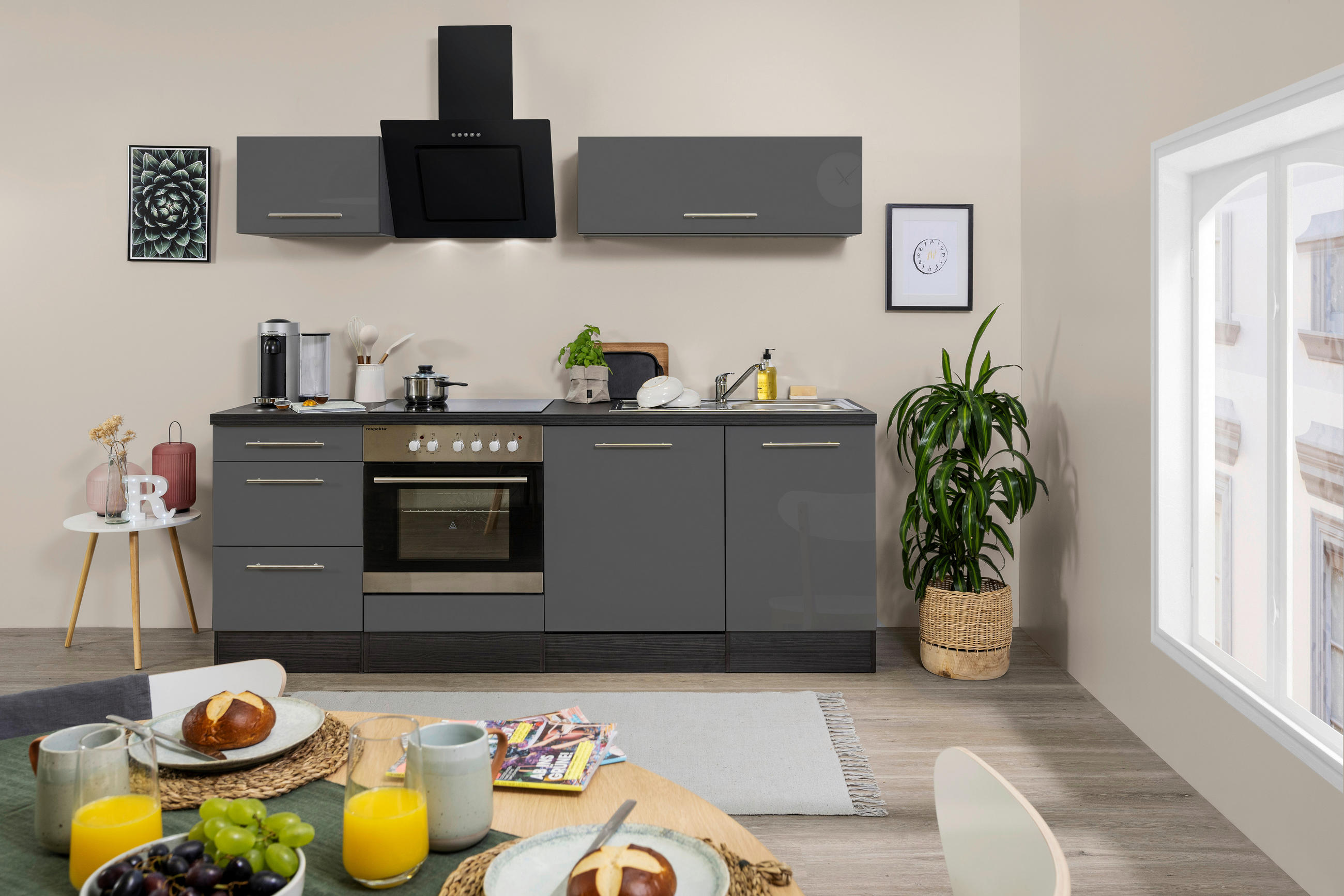 KÜCHENBLOCK 220 cm Grau E-Geräte, Spüle, Soft-Close-System, Geschirrspülerblende, Ab- und Überlaufgarnitur - Alufarben/Grau, Basics (220cm) - Respekta