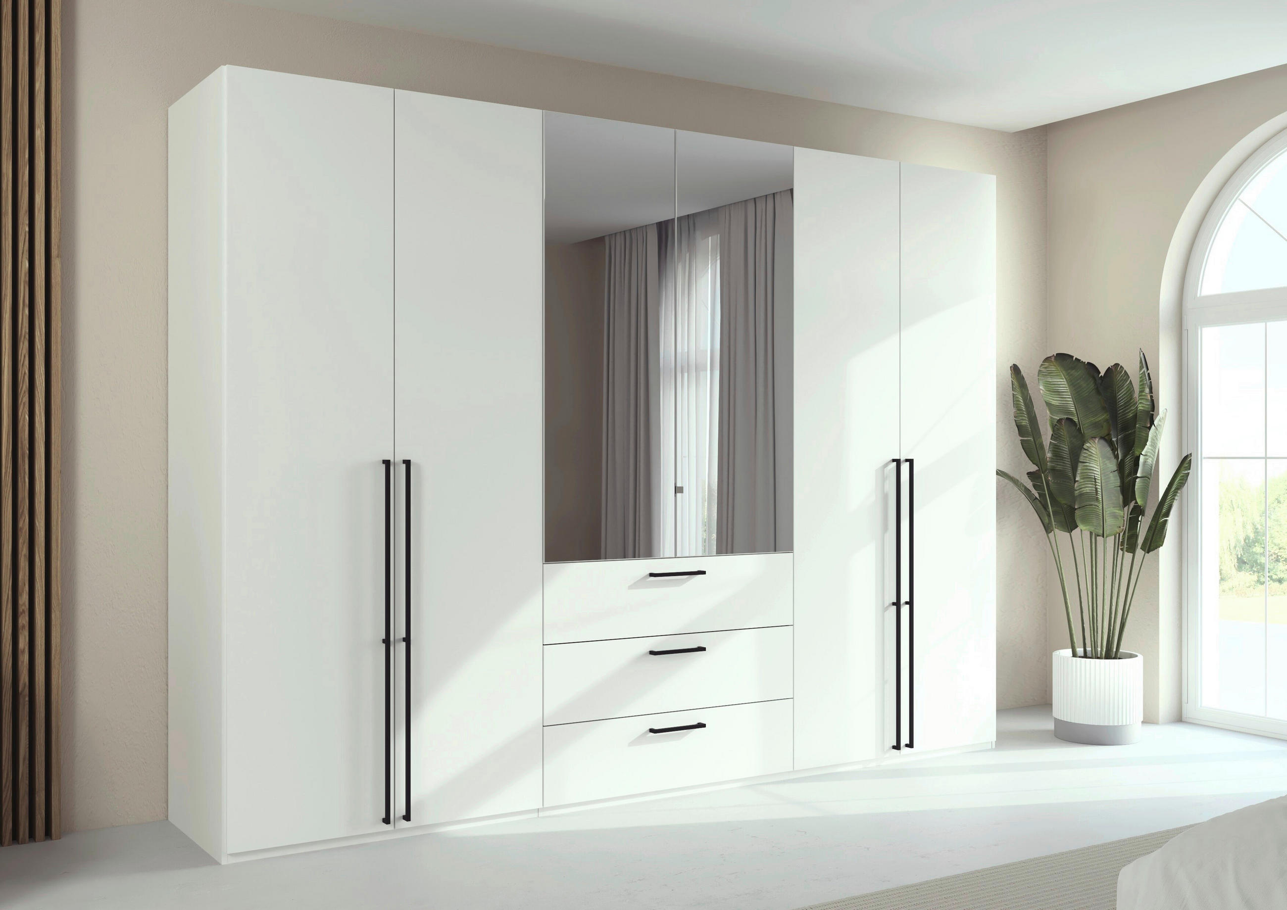 DREHTÜRENSCHRANK 301/235/61 cm,  in Weiß, 6 Tür(en)  - Chromfarben/Schwarz, Basics, Glas/Holzwerkstoff (301/235/61cm) - Novel