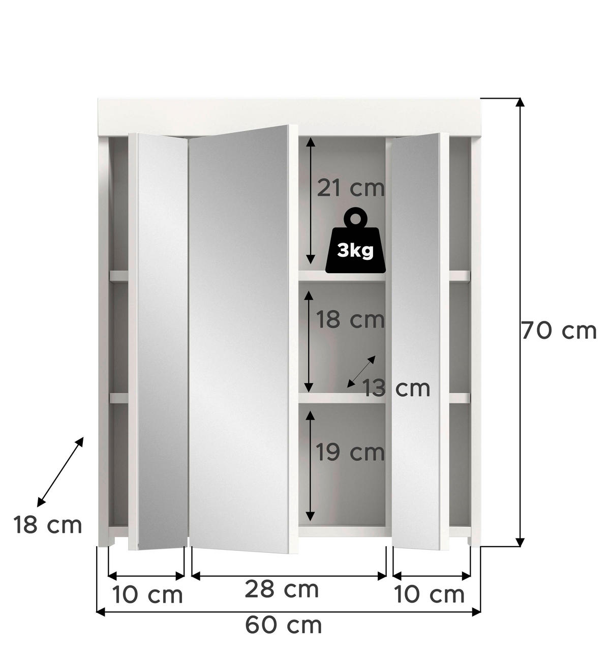 SPIEGELSCHRANK 60/70/18 cm  - Weiß, Trend, Glas/Holzwerkstoff (60/70/18cm) - MID.YOU