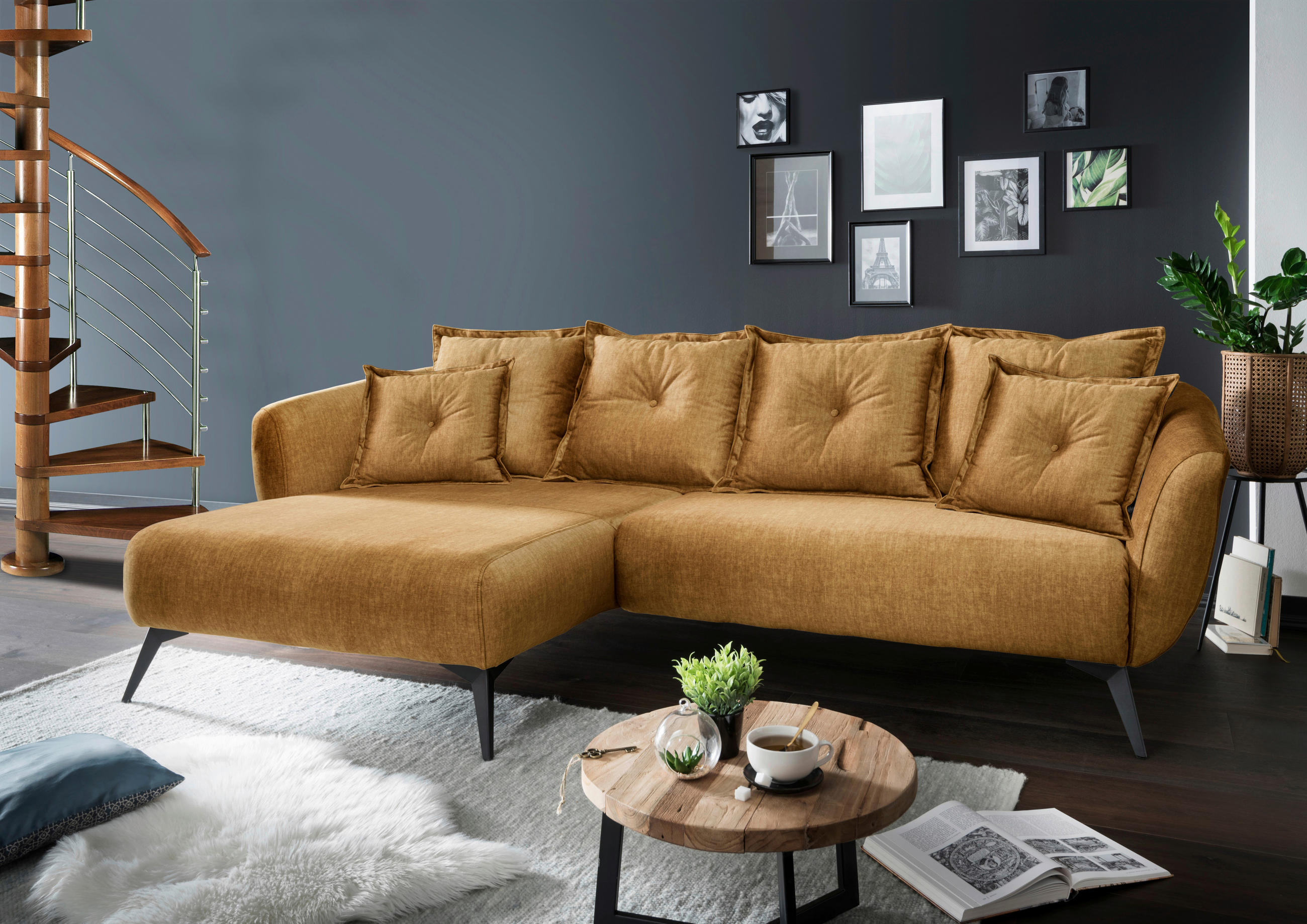 ECKSOFA in Velours Gelb  - Gelb/Schwarz, Modern, Holz/Textil (162/277cm) - Livetastic