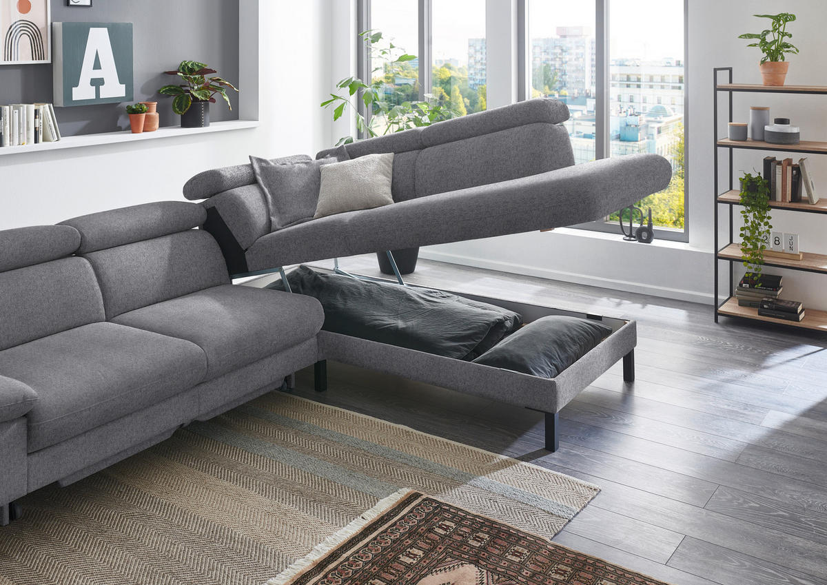 ECKSOFA in Flachgewebe Grau  - Schwarz/Grau, Design, Holzwerkstoff/Textil (272/217cm) - Pure Home Comfort