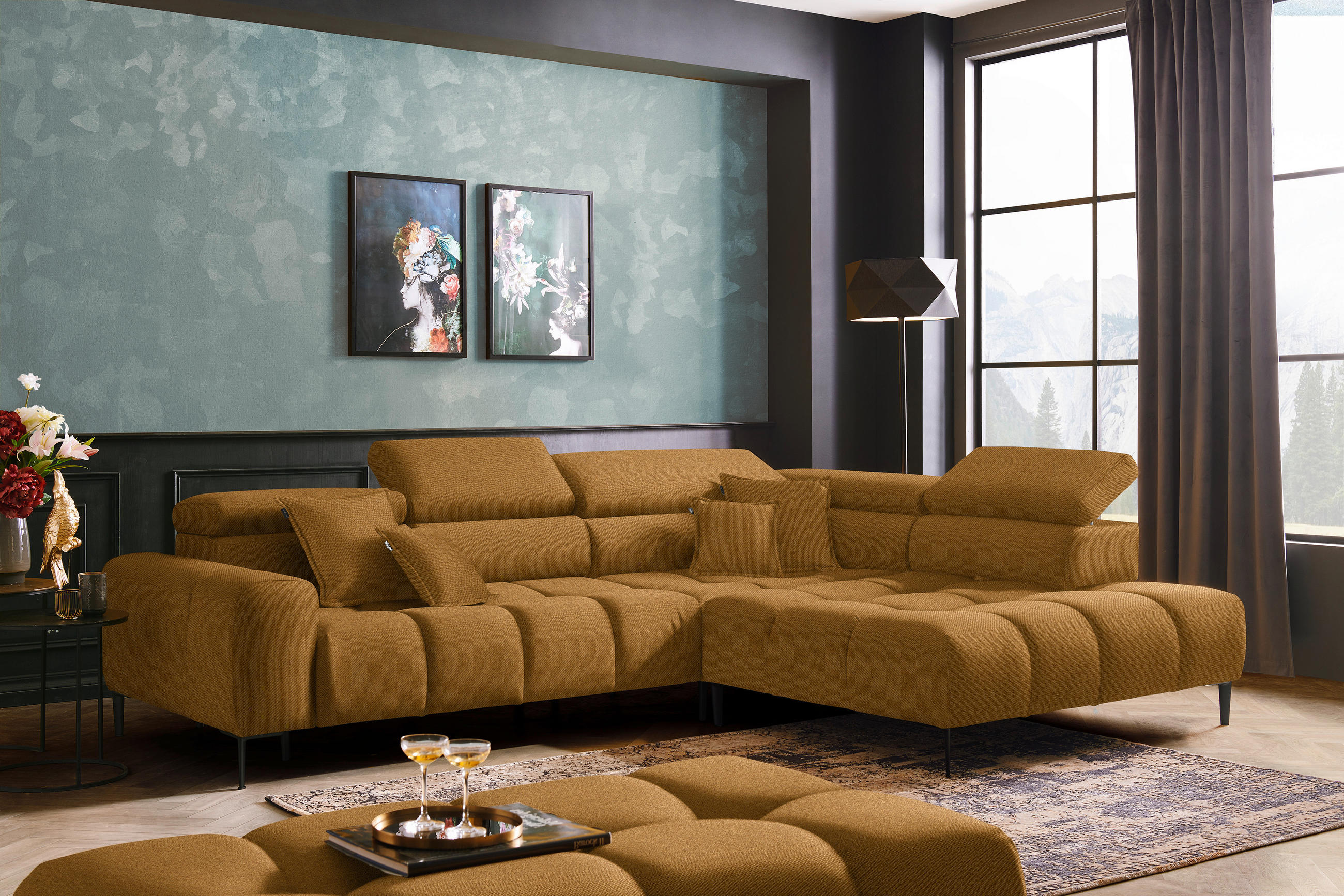 ECKSOFA in Webstoff Currygelb  300/216 cm  - Currygelb/Schwarz, Design, Textil/Metall (300/216cm) - Welnova