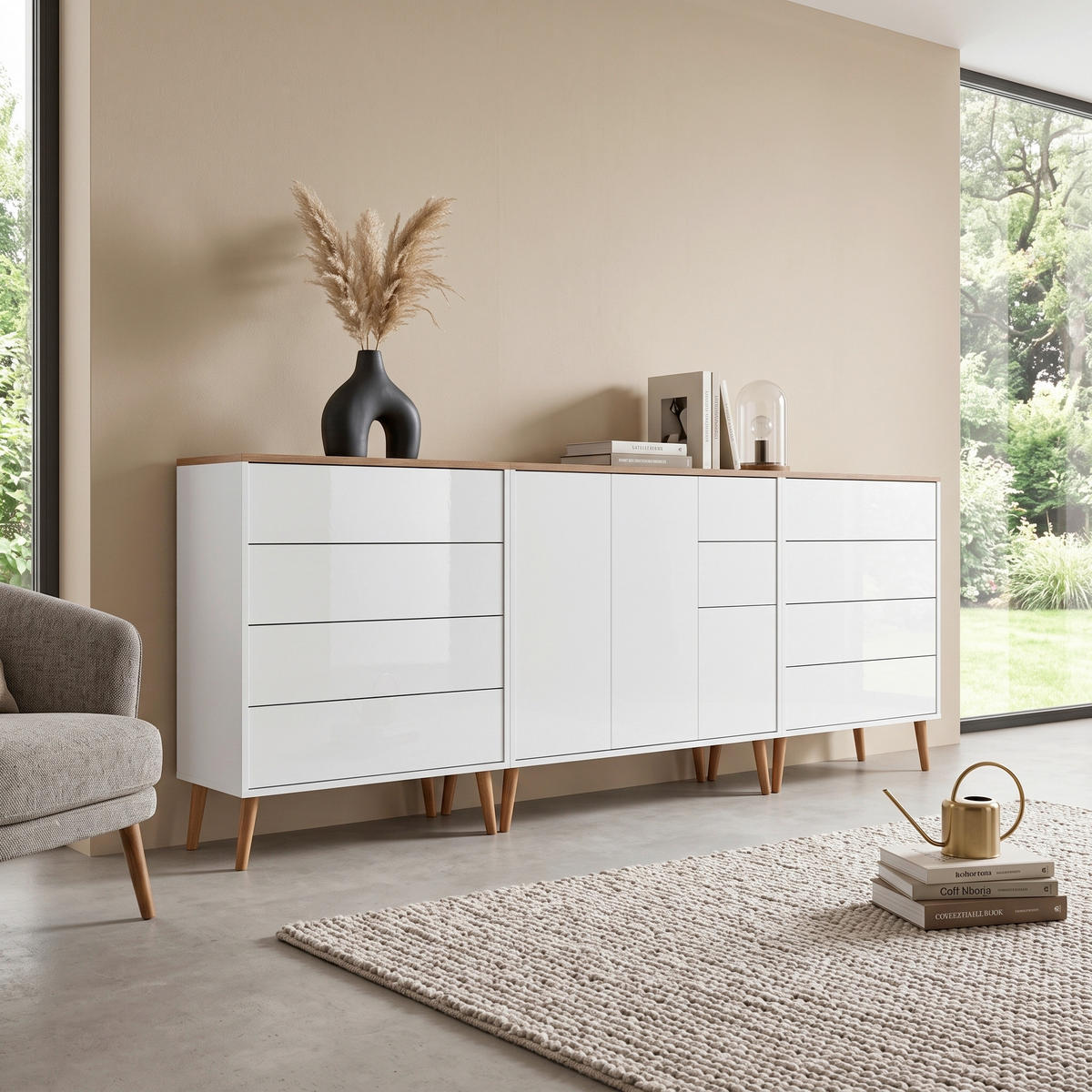 SIDEBOARD Mailand Set 8 + HF 263,5/86/33 cm 10 Schublade(n)  - Weiß Hochglanz/Eiche Artisan, MODERN, Holz/Holzwerkstoff (263,5/86/33cm) - MID.YOU
