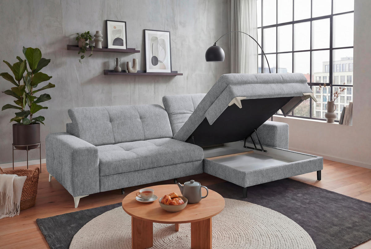 ECKSOFA SORELLA Hellgrau Mikrovelours Kopfteilverstellung, Sitztiefenverstellung  - Kaschmir/Hellgrau, Design, Kunststoff/Textil (328/182cm) - MID.YOU