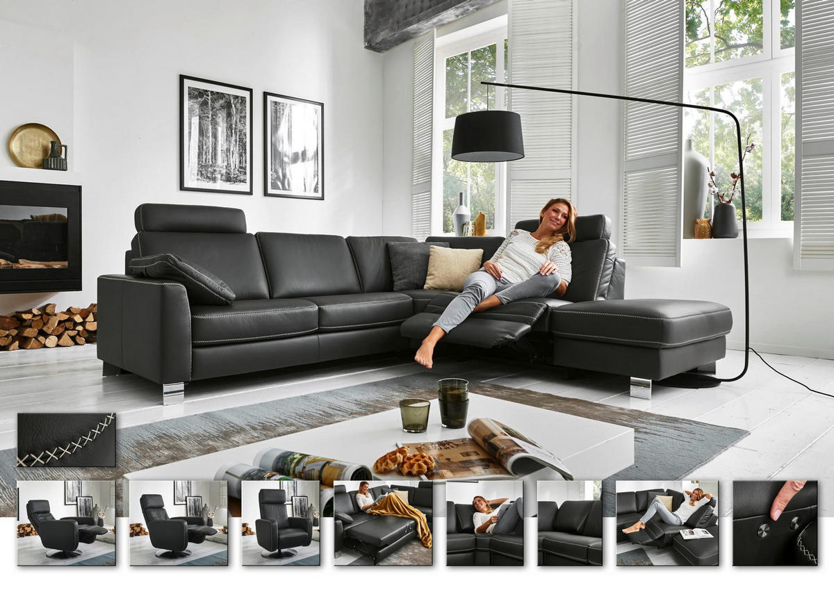 ECKSOFA in Echtleder Blau, Grau  - Chromfarben/Blau, Konventionell, Leder/Metall (272/245cm) - Valdera