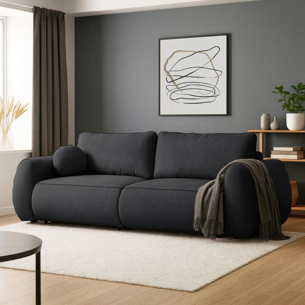 SCHLAFSOFA Chenille Graphitfarben  inkl. Zierkissen, Rückenkissen, Bettkasten, Schlaffunktion, Rücken echt, Liegefläche im Originalstoff  - Schwarz/Graphitfarben, KONVENTIONELL, Kunststoff/Textil (257/96/110cm) - Milino