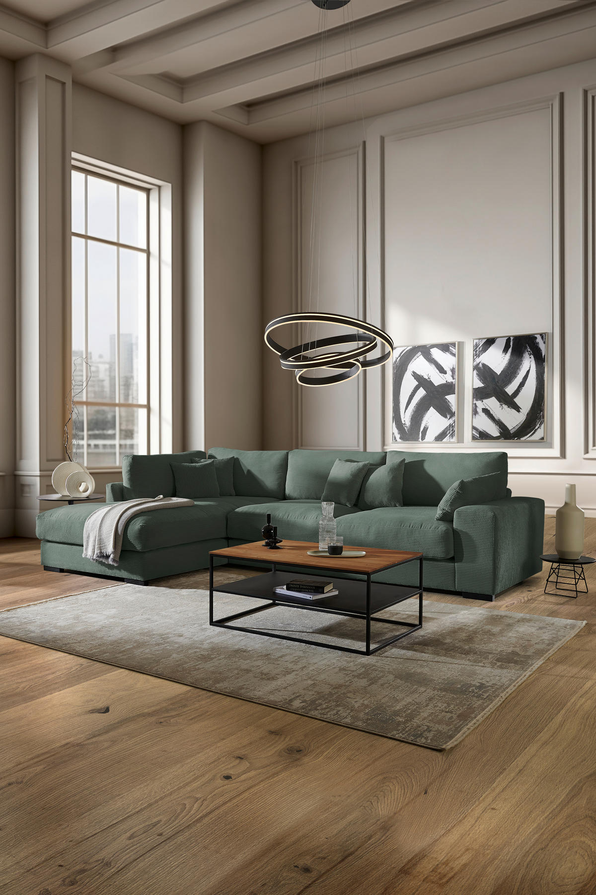 ECKSOFA in Cord Waldgrün  - Waldgrün/Schwarz, Design, Kunststoff/Textil (205/340cm) - Lomoco