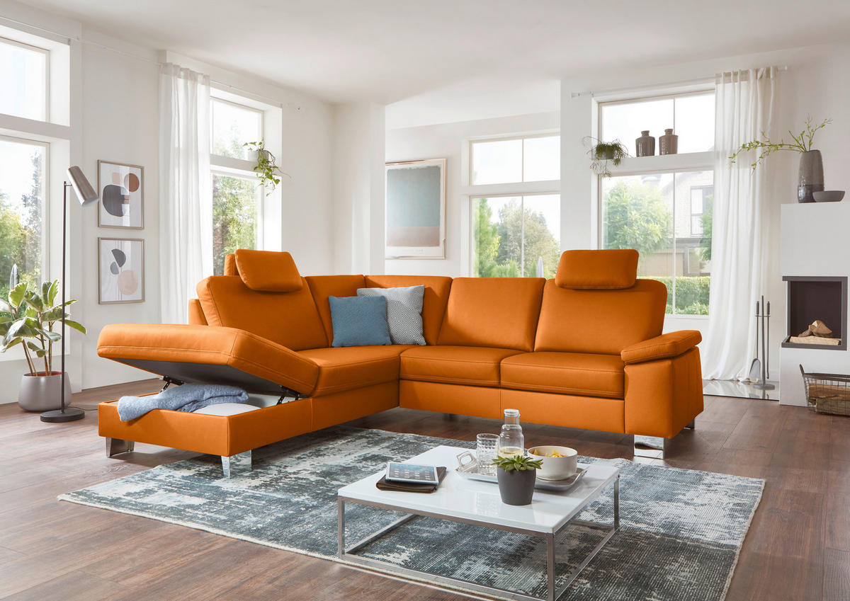 ECKSOFA  in Echtleder Orange  235/248 cm  - Alufarben/Orange, Design, Leder/Metall (235/248cm) - Beldomo Premium