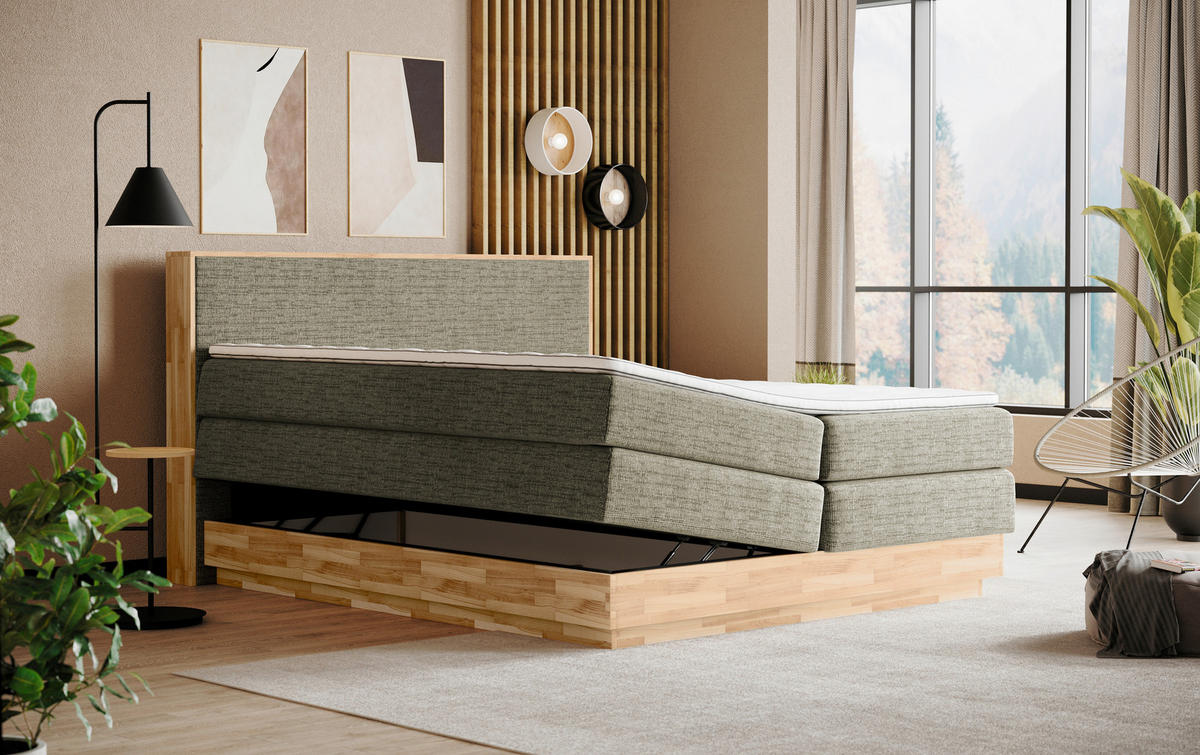 BOXSPRINGBETT 160/200 cm,  in Eichefarben, Dunkelgrün, Matratze, gepolstertes Kopfteil, Bettkasten, Topper, H2 + H2 = mittel  - Dunkelgrün/Eichefarben, MODERN, Holz/Kunststoff (160/200cm) - Livetastic