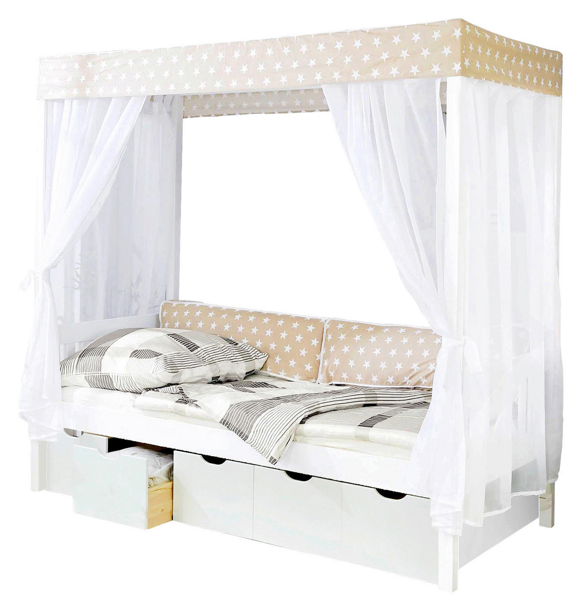 HIMMELBETT 90/200 cm  in Weiß, Beige  - Beige/Weiß, MODERN, Holz (90/200cm) - MID.YOU