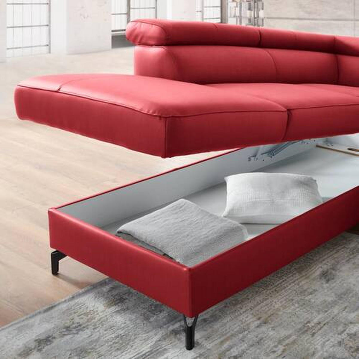 ECKSOFA Rot Kombination Echtleder/Lederlook Lederlook  - Rot/Schwarz, Design, Leder/Textil (220/256cm) - Celina Home