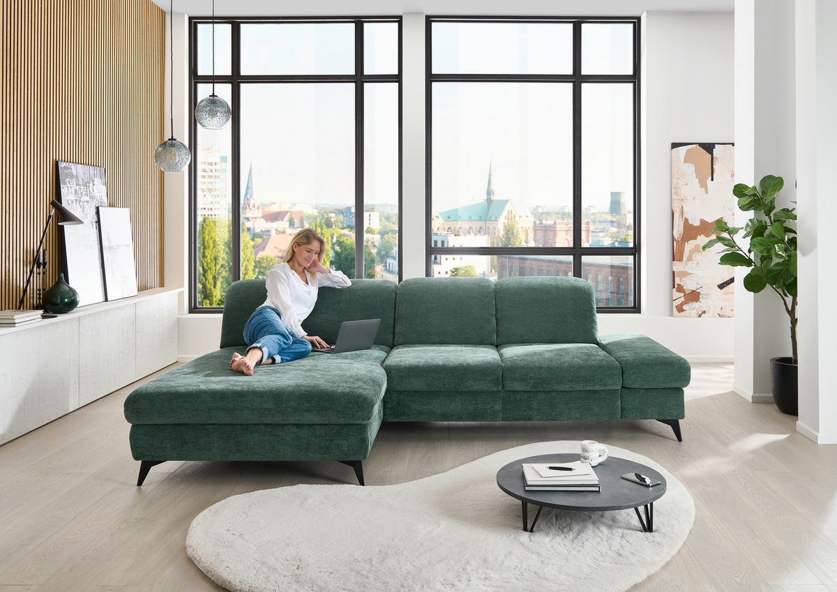 ECKSOFA Dunkelgrün Chenille  - Dunkelgrün/Schwarz, Design, Textil/Metall (198/288cm) - Beldomo Style