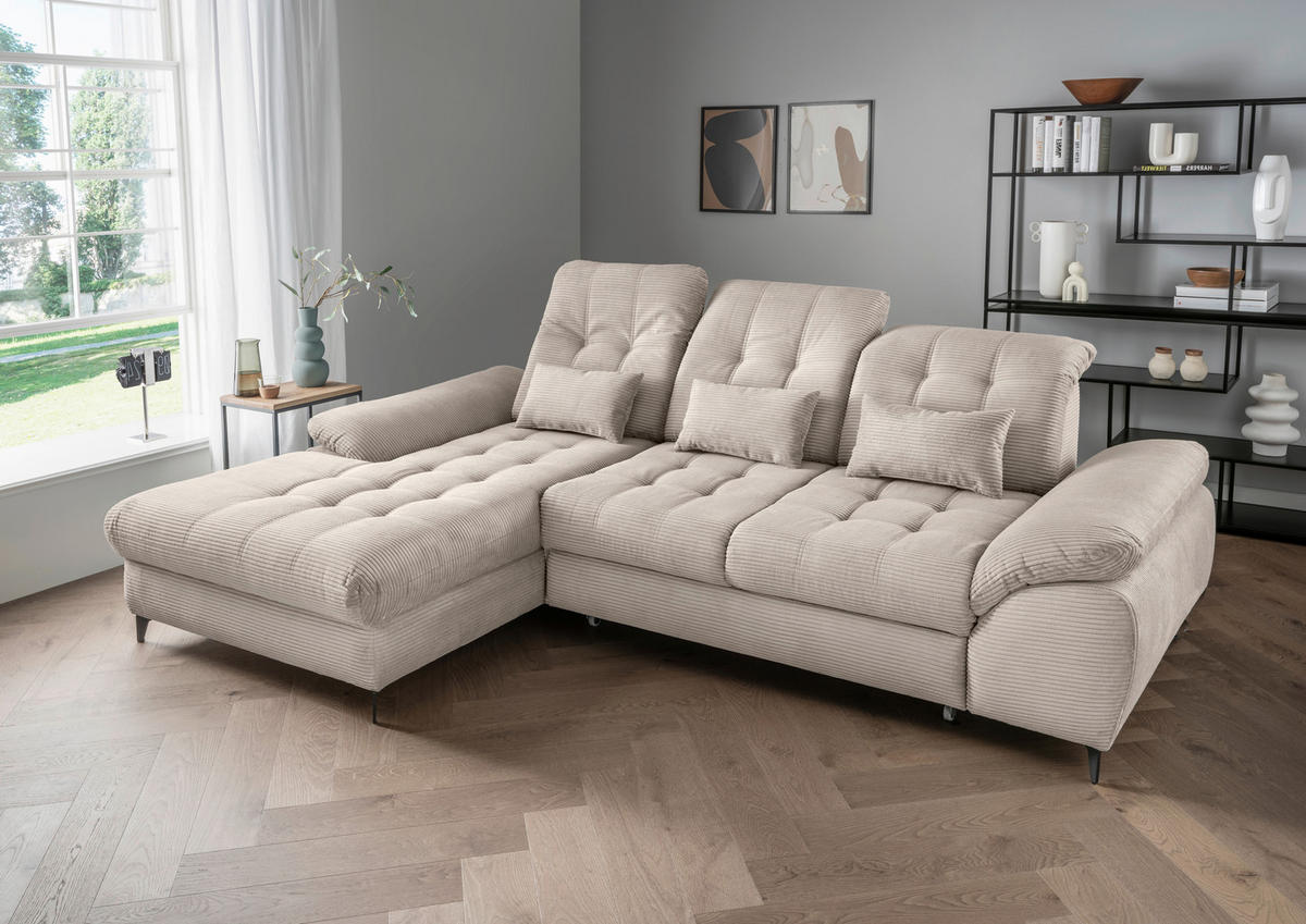 ECKSCHLAFSOFA  mit seitenverkehrt erhältlich, Rücken echt, Armteil links, Armteil rechts Cord Beige  - Beige/Schwarz, MODERN, Textil/Metall (189/273cm) - Livetastic