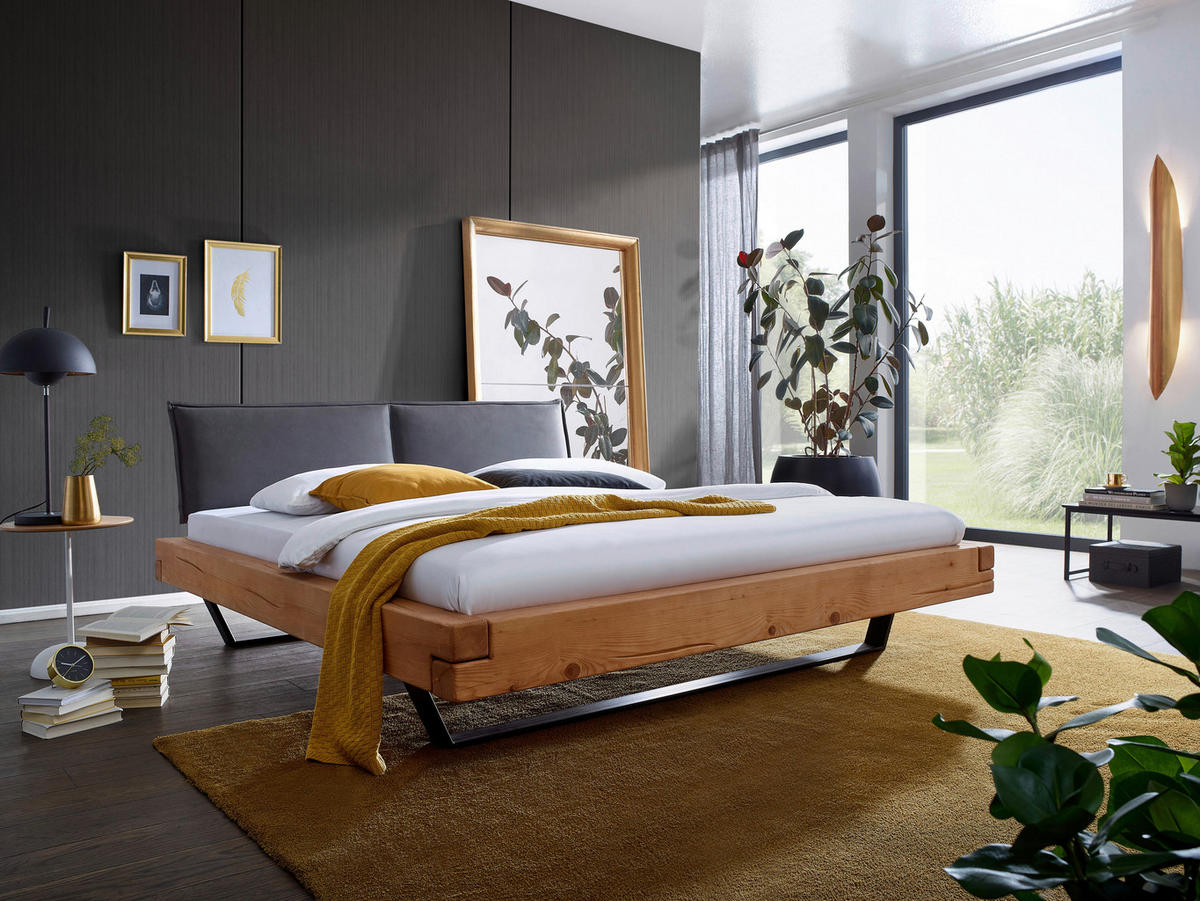 TÖMÖRFA ÁGY 180/200 cm  tölgyfa színű, borostyánszínű  - tölgyfa színű/fekete, Modern, textil/fa (180/200cm) - Livetastic