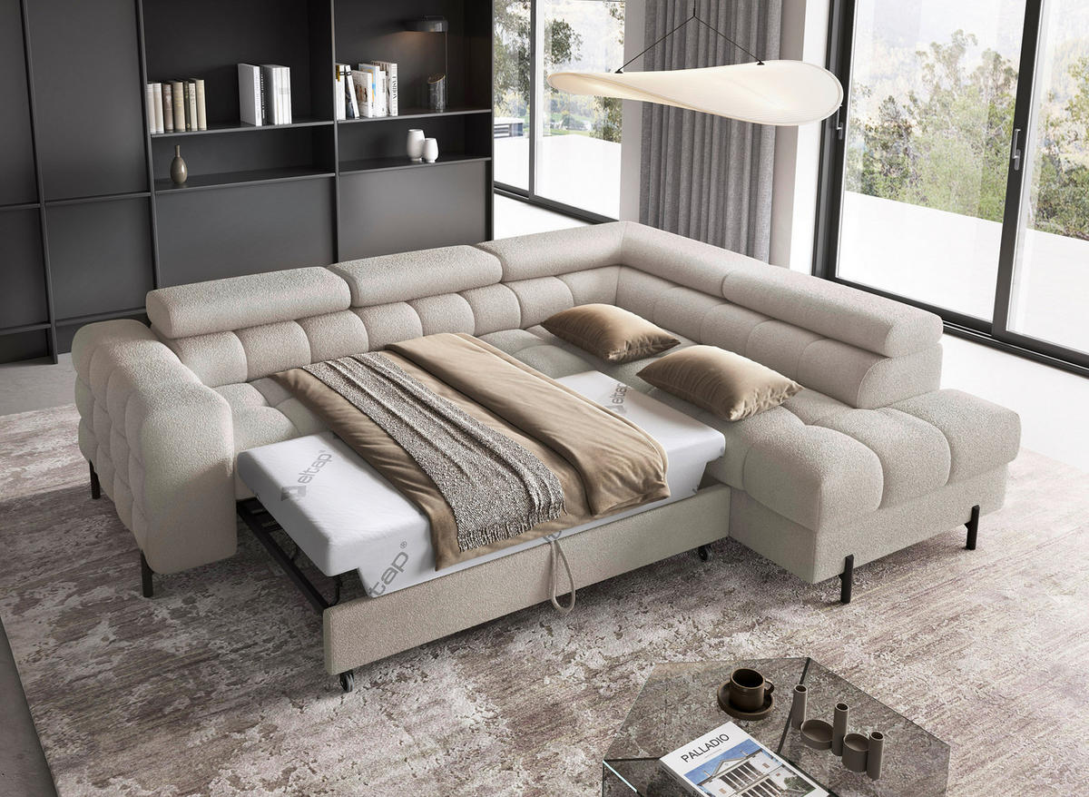 ECKSOFA FERUCCE in Teddystoff Beige  276/200 cm  - Beige/Schwarz, Design, Textil/Metall (276/200cm) - MID.YOU
