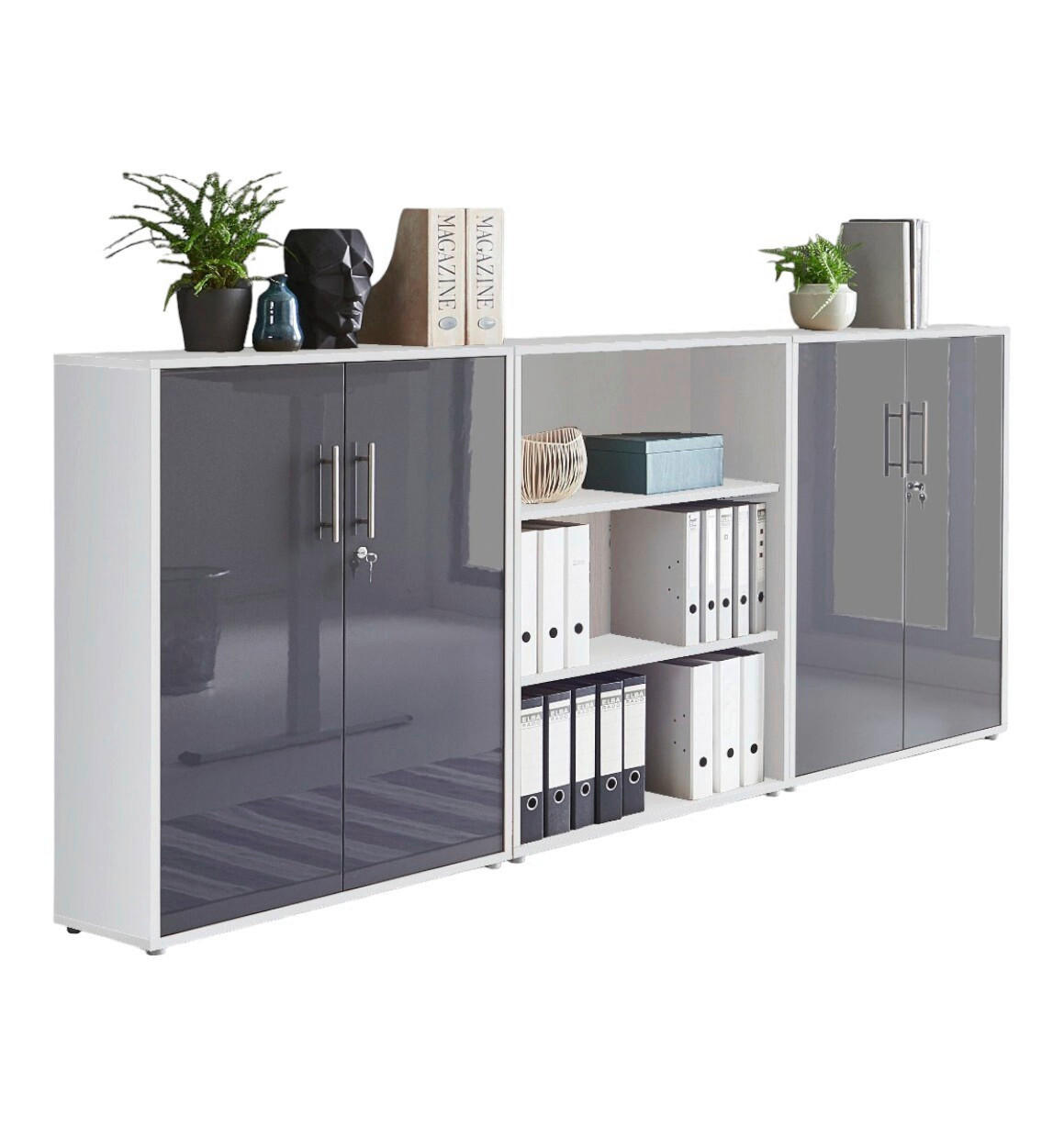 Mid.you Aktenschrank Office Edition - SW Set 9 Weiß, Anthrazit Hochglanz 253.2x113.6x33 cm