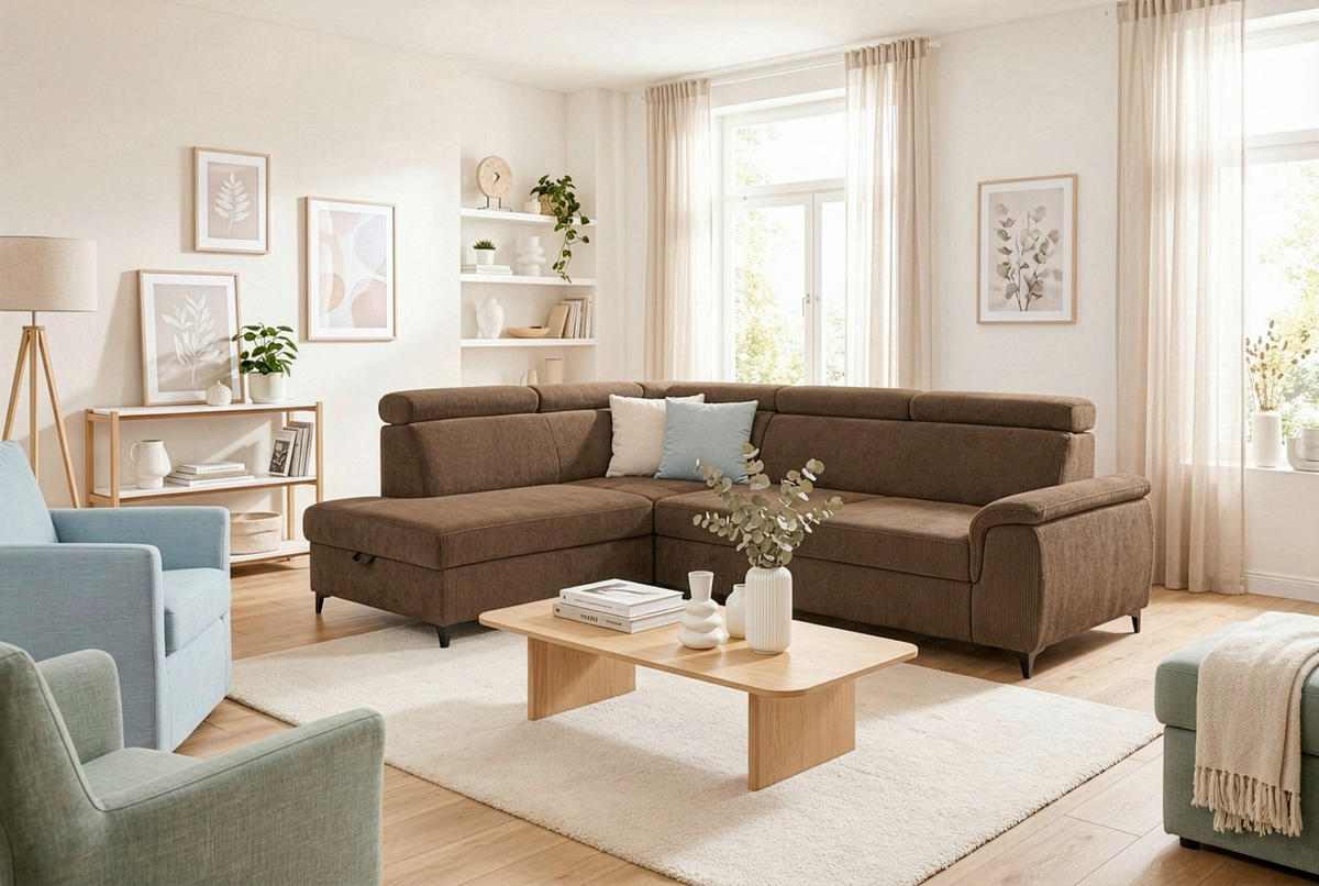ECKSOFA Braun Chenille Bettkasten, Schlaffunktion, Rücken echt, Kopfteilverstellung, Liegefläche im Originalstoff  - Schwarz/Braun, KONVENTIONELL, Textil/Metall (206/265cm) - Carryhome