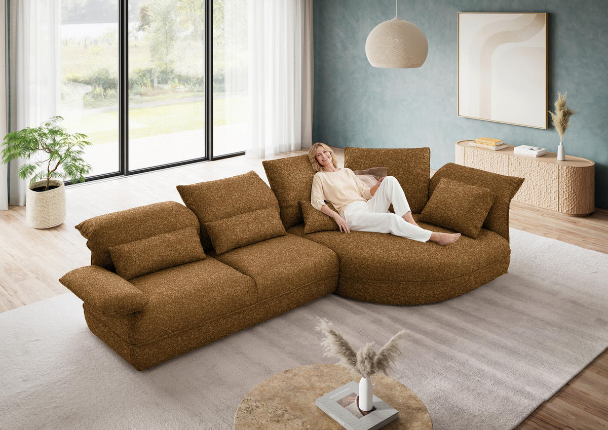 ECKSOFA Chenille Cognac  - Cognac/Schwarz, Design, Kunststoff/Textil (343/154cm) - Koinor