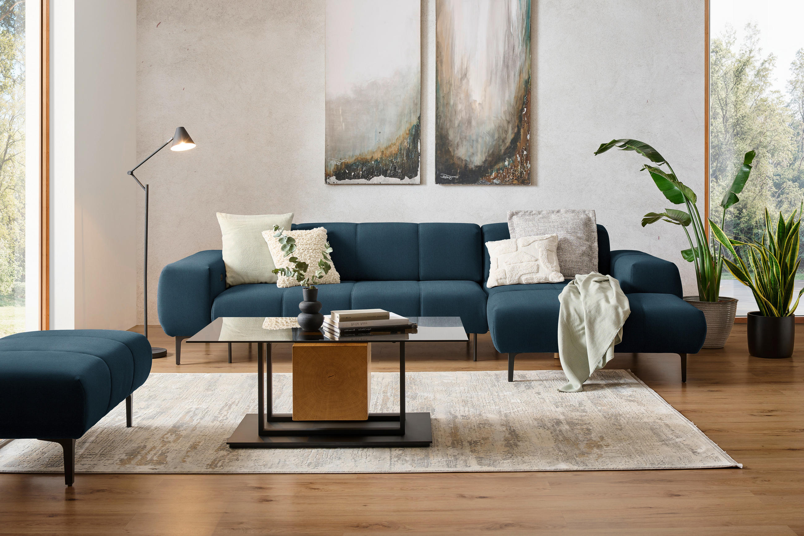 ECKSOFA in Chenille Blau  - Blau/Schwarz, Design, Textil/Metall (311/167cm) - Xora