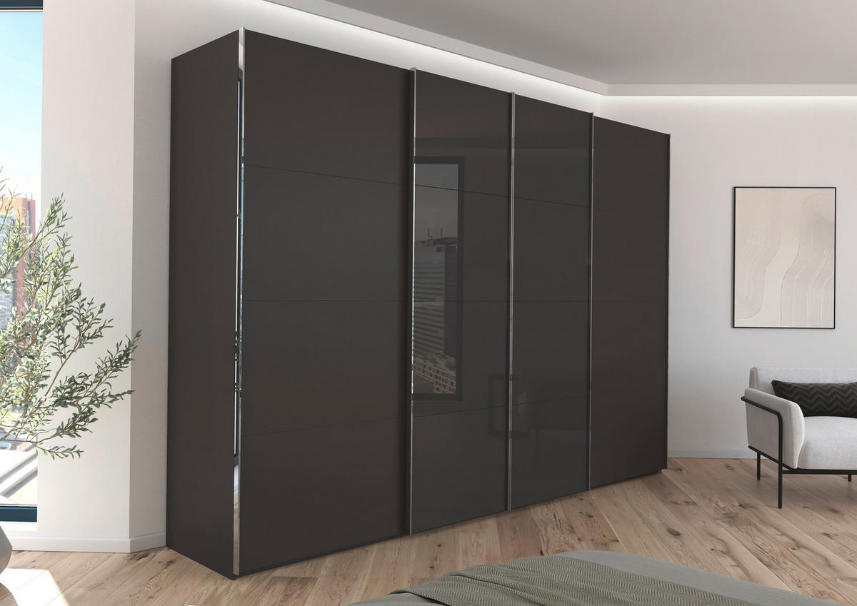 SCHWEBETÜRENSCHRANK 316/223/68 cm 4-türig Graphitfarben, Schwarz  - Chromfarben/Graphitfarben, KONVENTIONELL, Glas/Holzwerkstoff (316/223/68cm) - Novel
