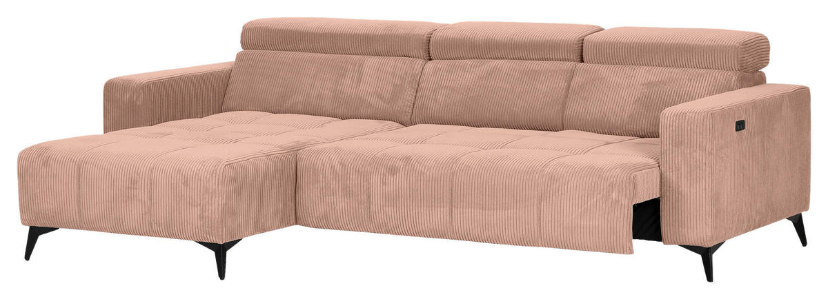 ECKSOFA Altrosa Cord Rücken echt, Kopfteilverstellung, Sitzvorzug  - Schwarz/Altrosa, KONVENTIONELL, Textil/Metall (170/257cm) - Carryhome