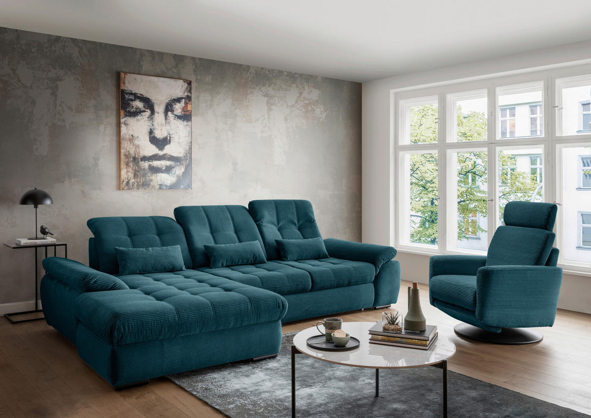 ECKSOFA in Cord Petrol  - Petrol/Schwarz, Modern, Textil/Metall (184/314cm) - Livetastic