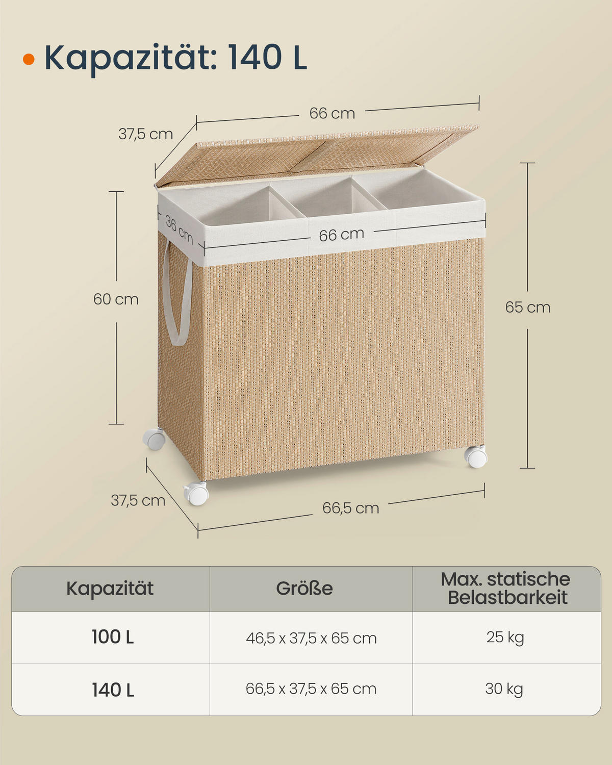 WÄSCHEKORB - Beige/Weiß, Trend, Textil/Metall (66,5/65/37,5cm) - Boxxx