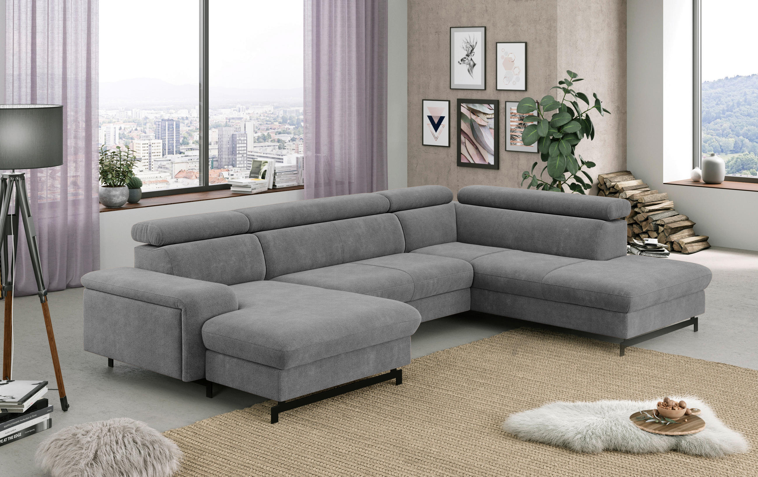 WOHNLANDSCHAFT in Chenille Grau  - Schwarz/Grau, Textil/Metall (165/328/215cm) - MID.YOU