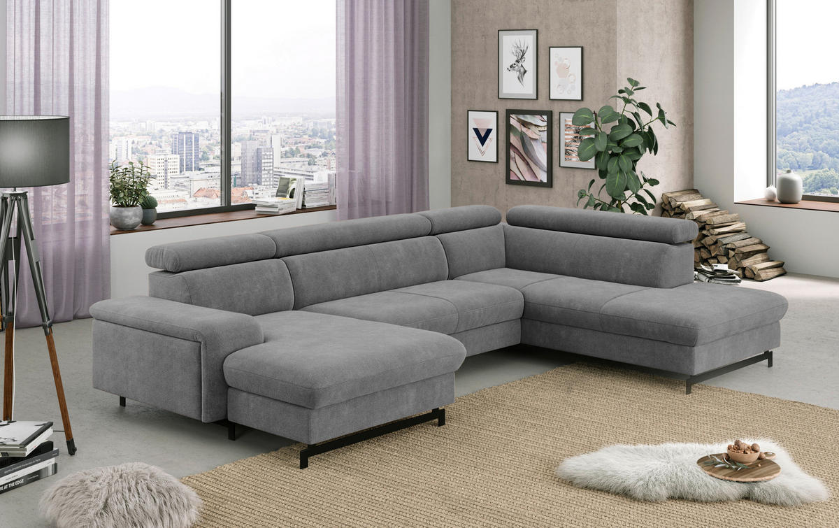 WOHNLANDSCHAFT Grau Chenille  - Schwarz/Grau, Textil/Metall (165/328/215cm) - MID.YOU
