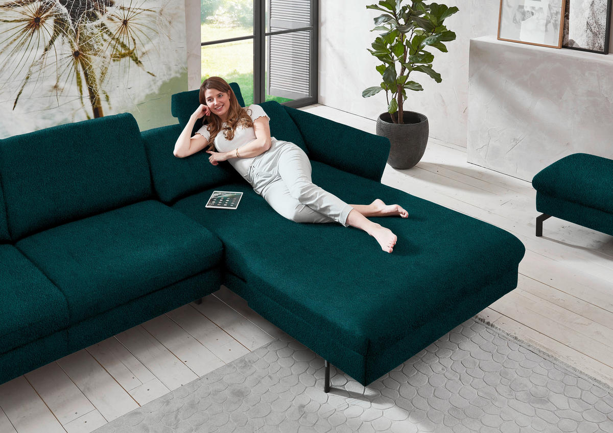 ECKSOFA in Velours Petrol  - Petrol/Schwarz, Design, Textil/Metall (306/179cm) - Beldomo System