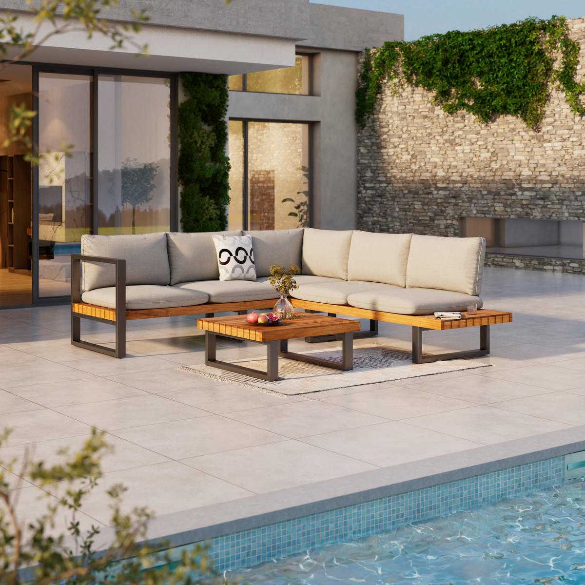 LOUNGEGARNITUR 216/234 cm Akazie massiv Stahl  - Grau/Teakfarben, MODERN, Holz/Textil (216/234cm) - Ambia Garden