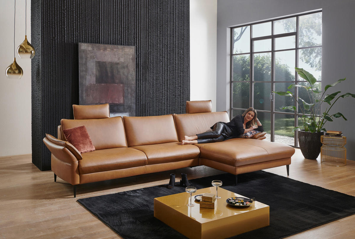 ECKSOFA in Echtleder Braun  - Schwarz/Braun, Design, Leder/Metall (334/172cm) - Valdera