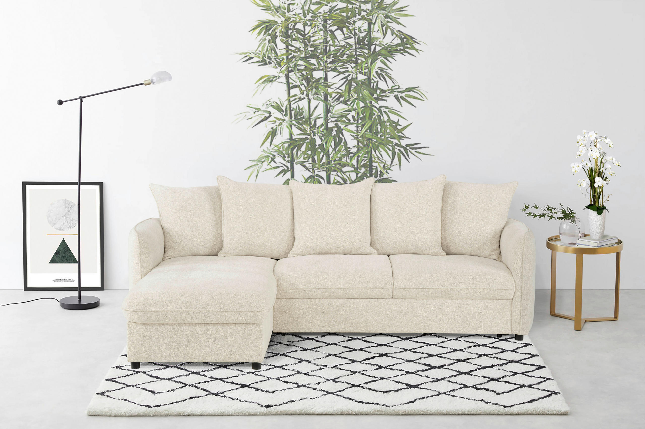 ECKSOFA Creme Chenille  - Creme/Schwarz, Design, Kunststoff/Textil (254/160cm) - MID.YOU