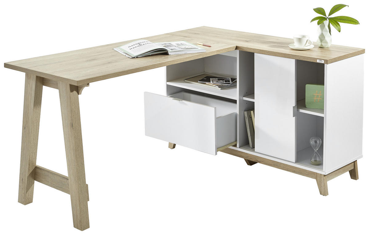 ECKSCHREIBTISCH 159/120/76 cm  in Weiß, Eiche San Remo  - Eichefarben/Silberfarben, Design, Holzwerkstoff/Metall (159/120/76cm) - Voleo