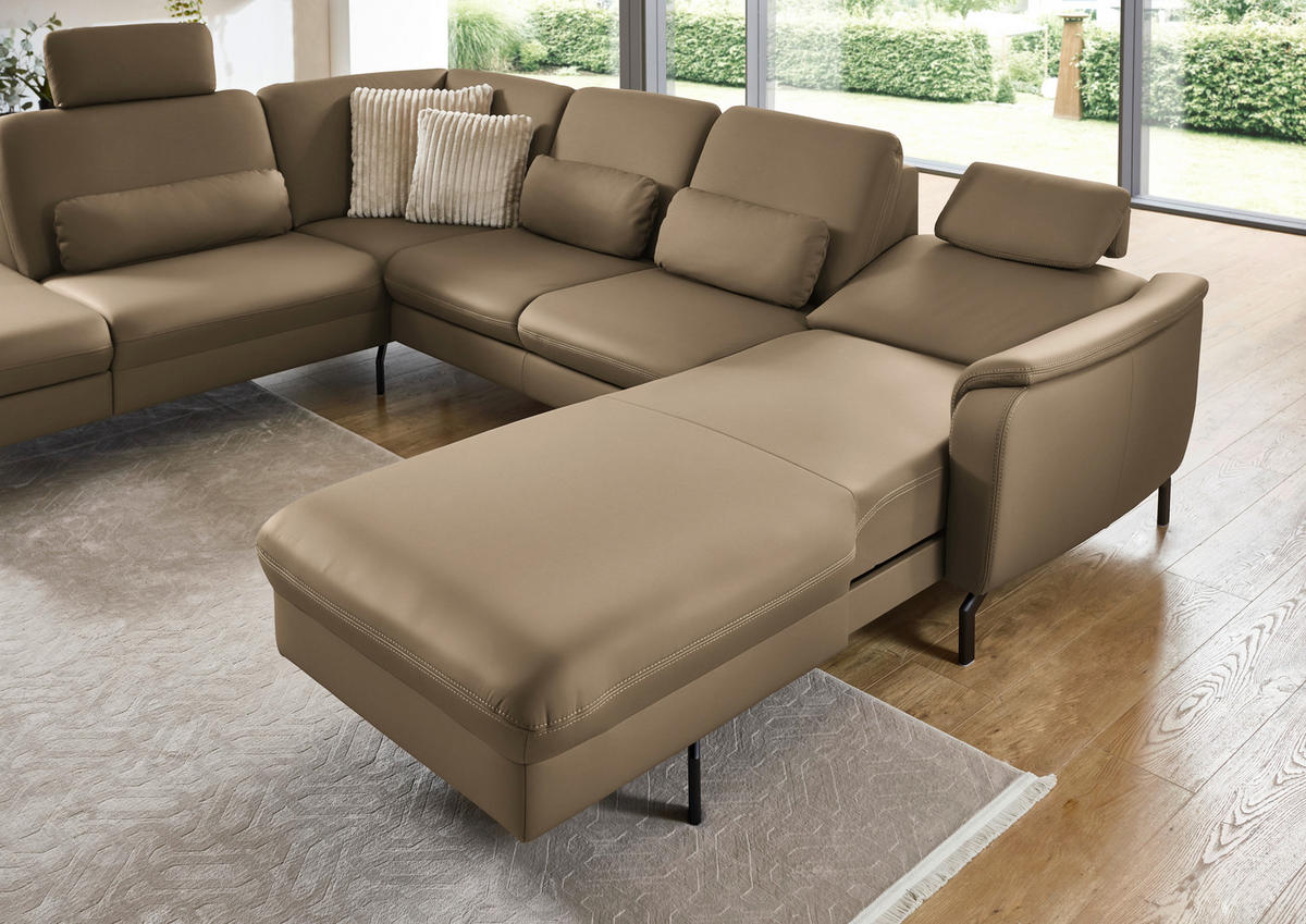 WOHNLANDSCHAFT Echtleder Khaki  - Khaki/Schwarz, Konventionell, Leder/Metall (224/306/168cm) - Beldomo Premium