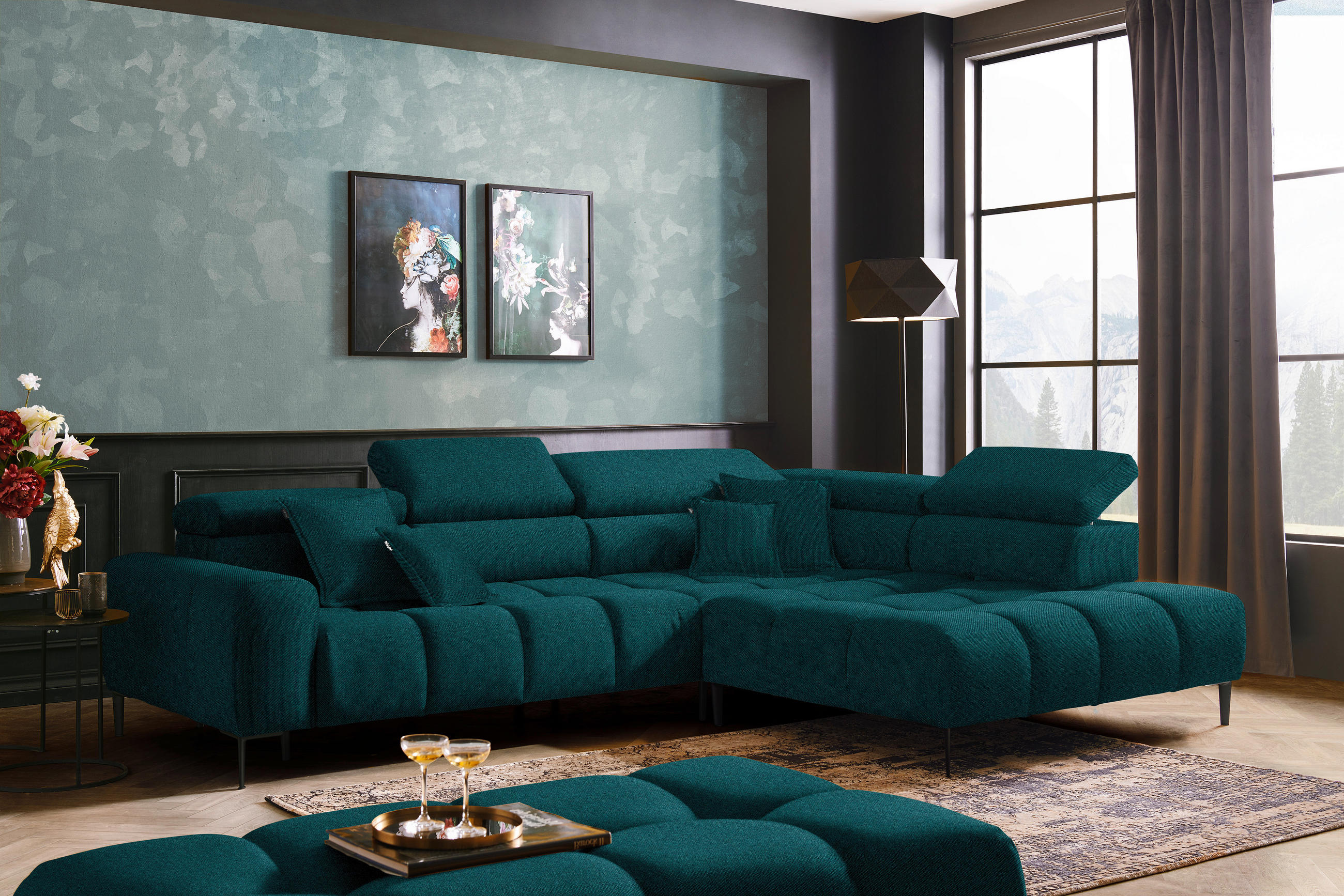 ECKSOFA Petrol Webstoff  - Petrol/Schwarz, Design, Textil/Metall (300/216cm) - Welnova