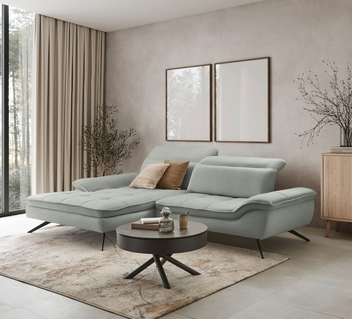 ECKSOFA in Webstoff Hellgrau  - Hellgrau/Schwarz, Design, Textil/Metall (179-202/288cm) - Stylife