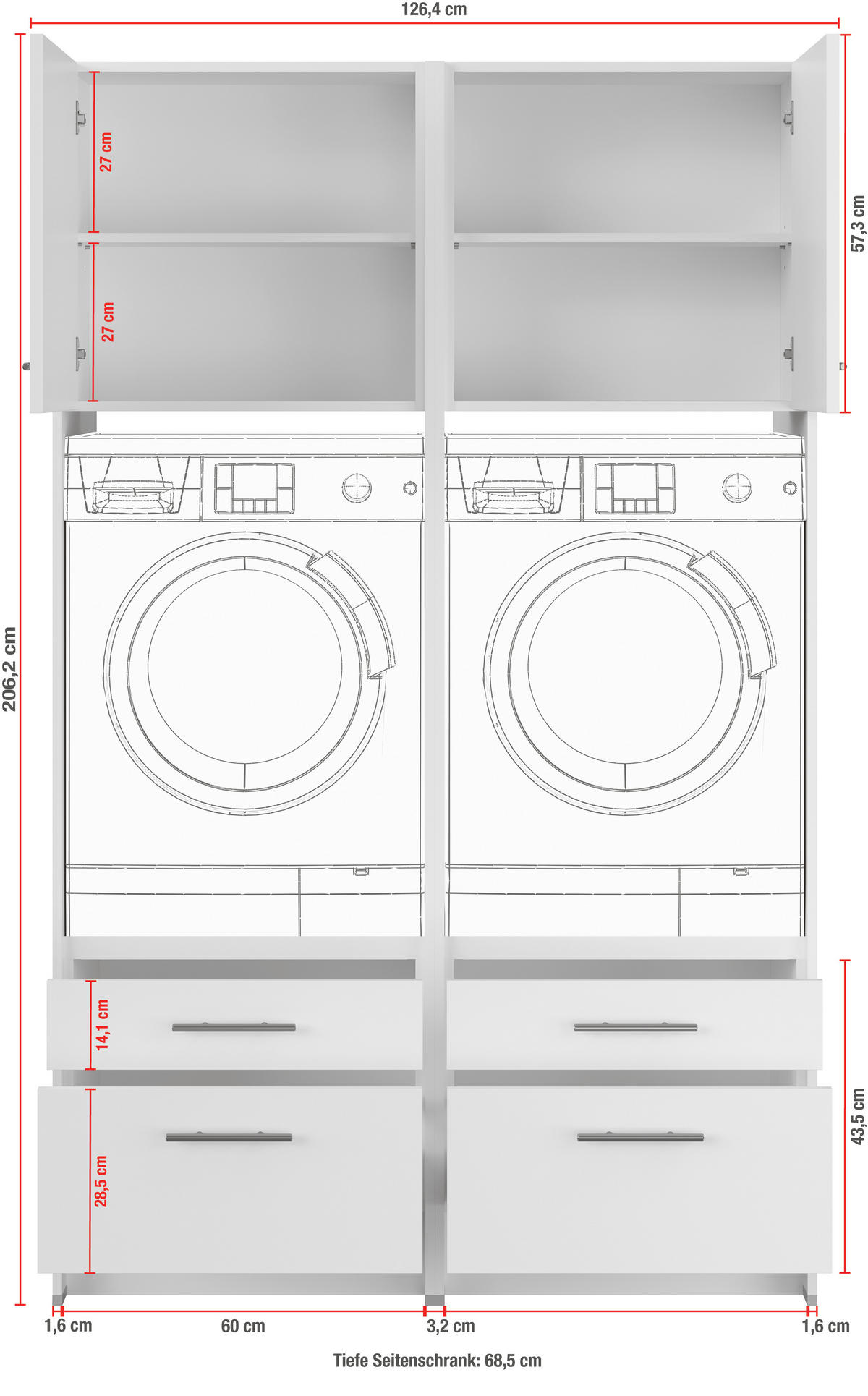 WASCHMASCHINENSCHRANK 126,4/206,2/68,5 cm  in Weiß  - Hellgrau/Weiß, Basics, Holzwerkstoff (126,4/206,2/68,5cm) - Impuls