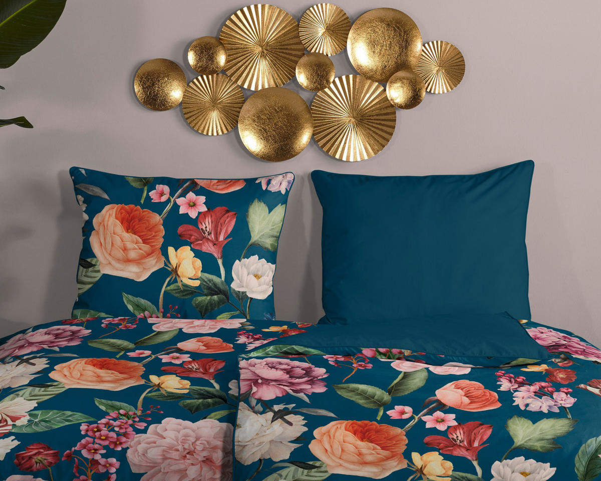 WENDEBETTWÄSCHE Fiori Satin 200/200 cm  - Blau/Dunkelblau, Natur, Textil (200/200cm)