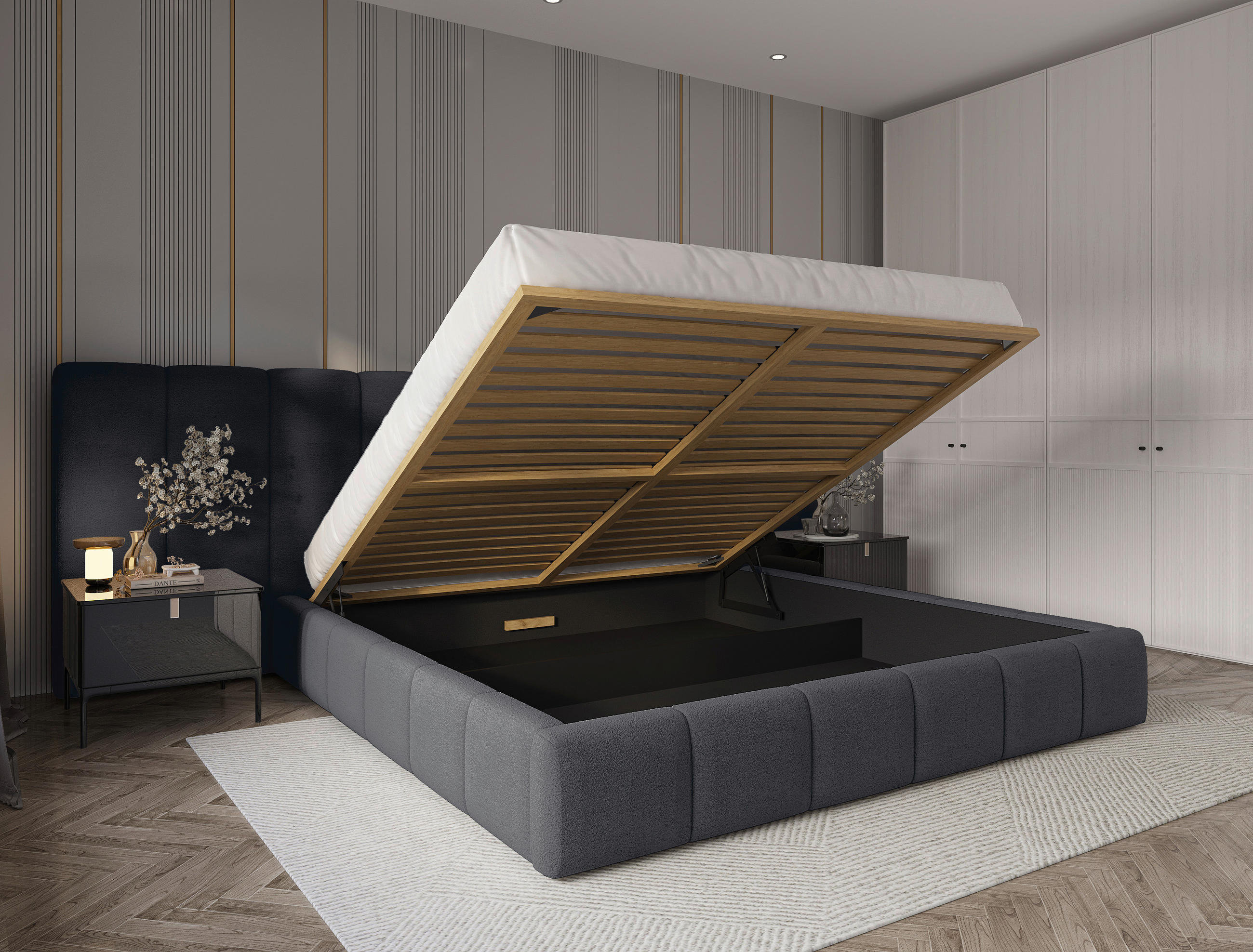 POLSTERBETT 160/200 cm,  in Anthrazit, gepolstertes Kopfteil, Lattenrost, Bettkasten,  - Anthrazit/Schwarz, Design, Holz/Kunststoff (160/200cm) - Chameo